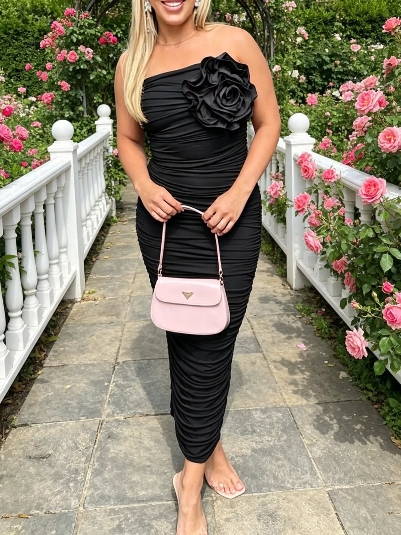 Flower Ruched Tube Bodycon Midi Dress