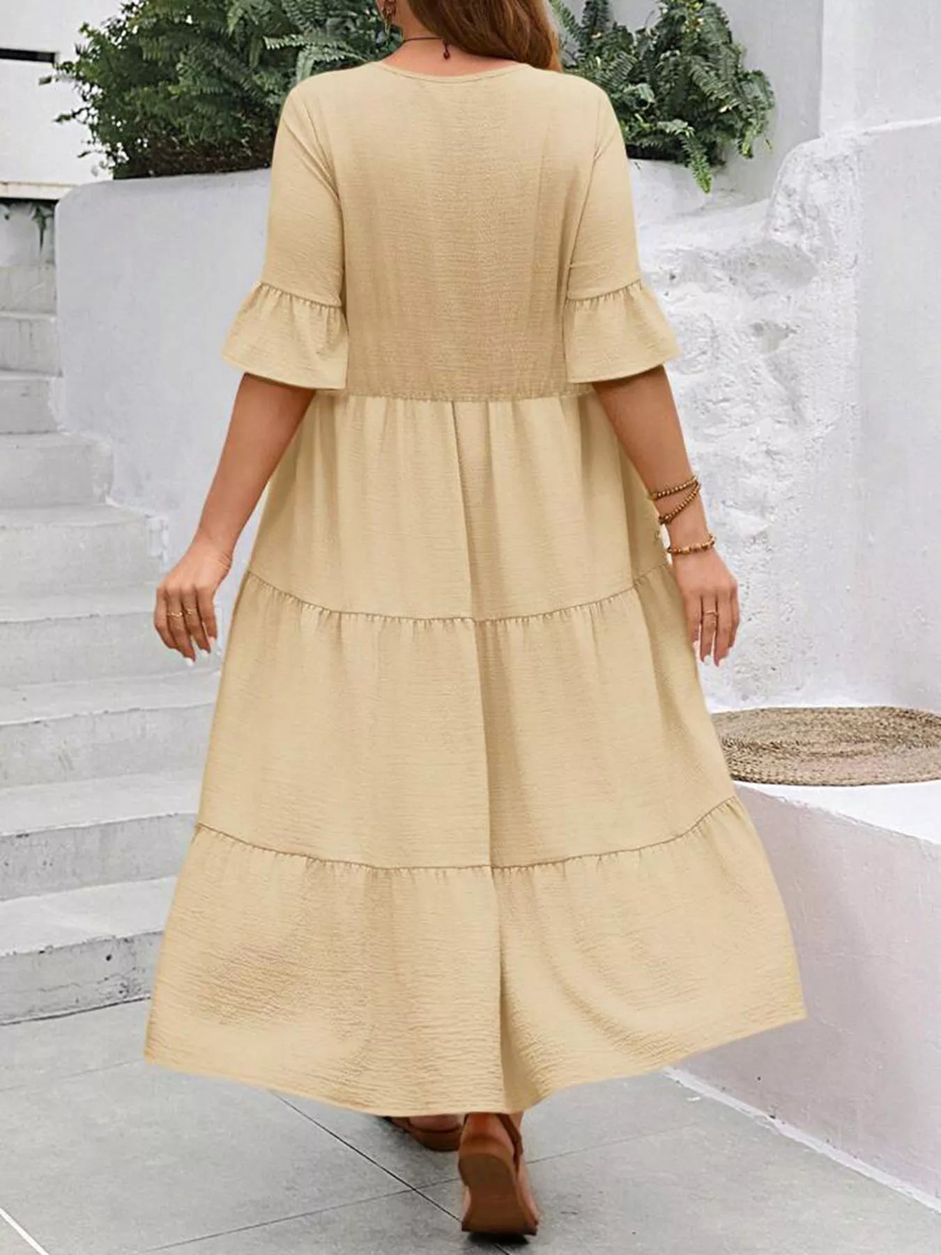 Plus Size Ruffle Sleeves Tiered Midi Dress