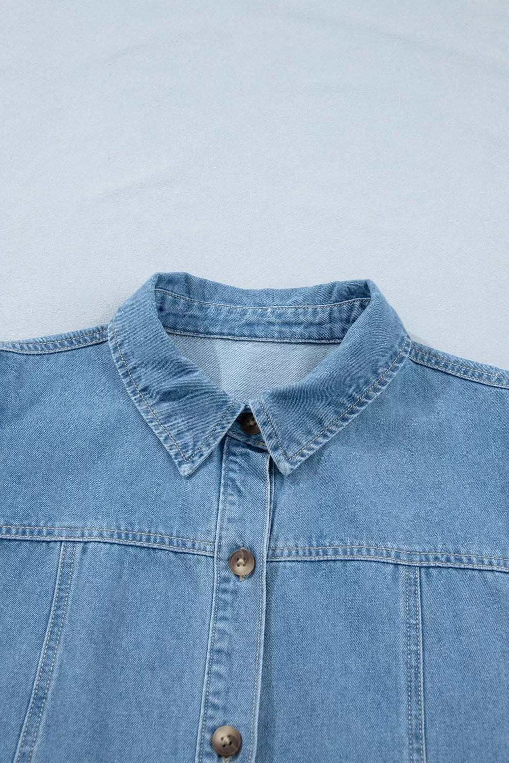 Button Down Short Puff Sleeve Ruffle Hem Denim Dress