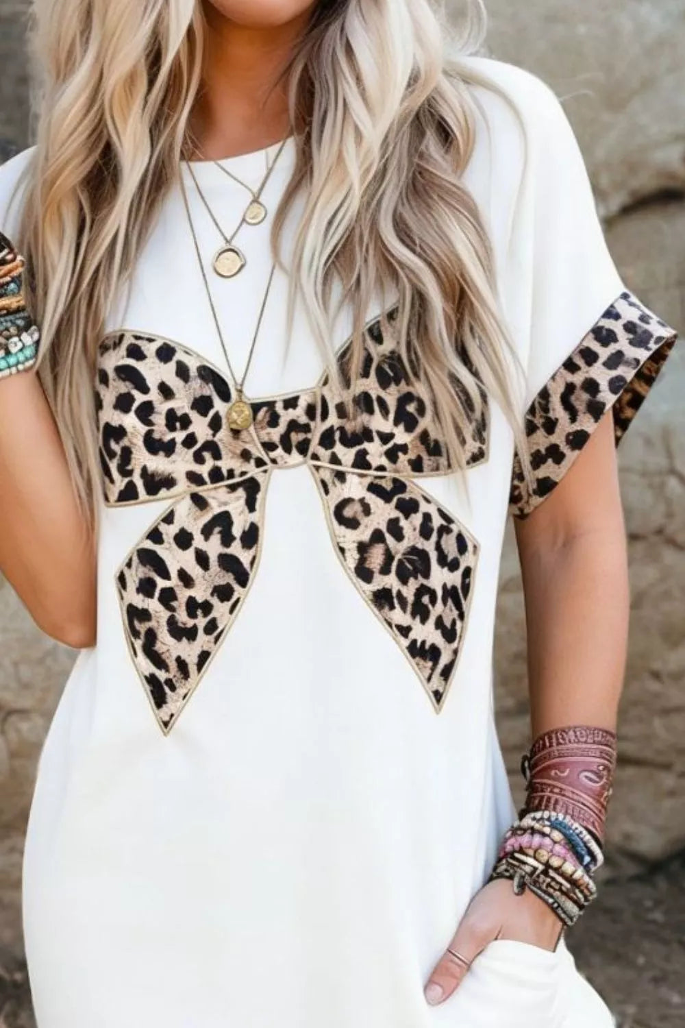 Leopard Bowknot Casual Midi Dress