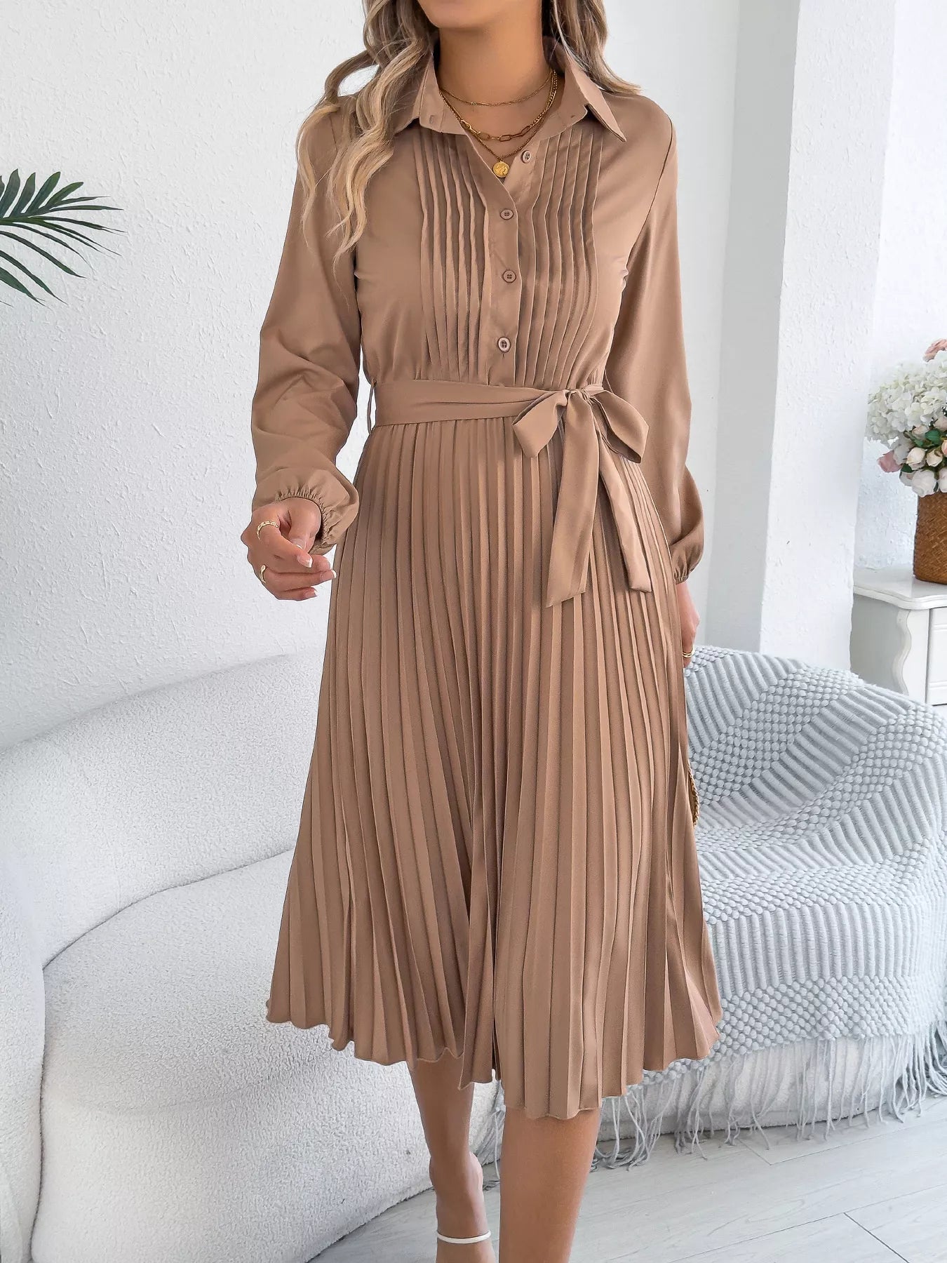 Pleated Tie Waist Balloon Sleeve Dress