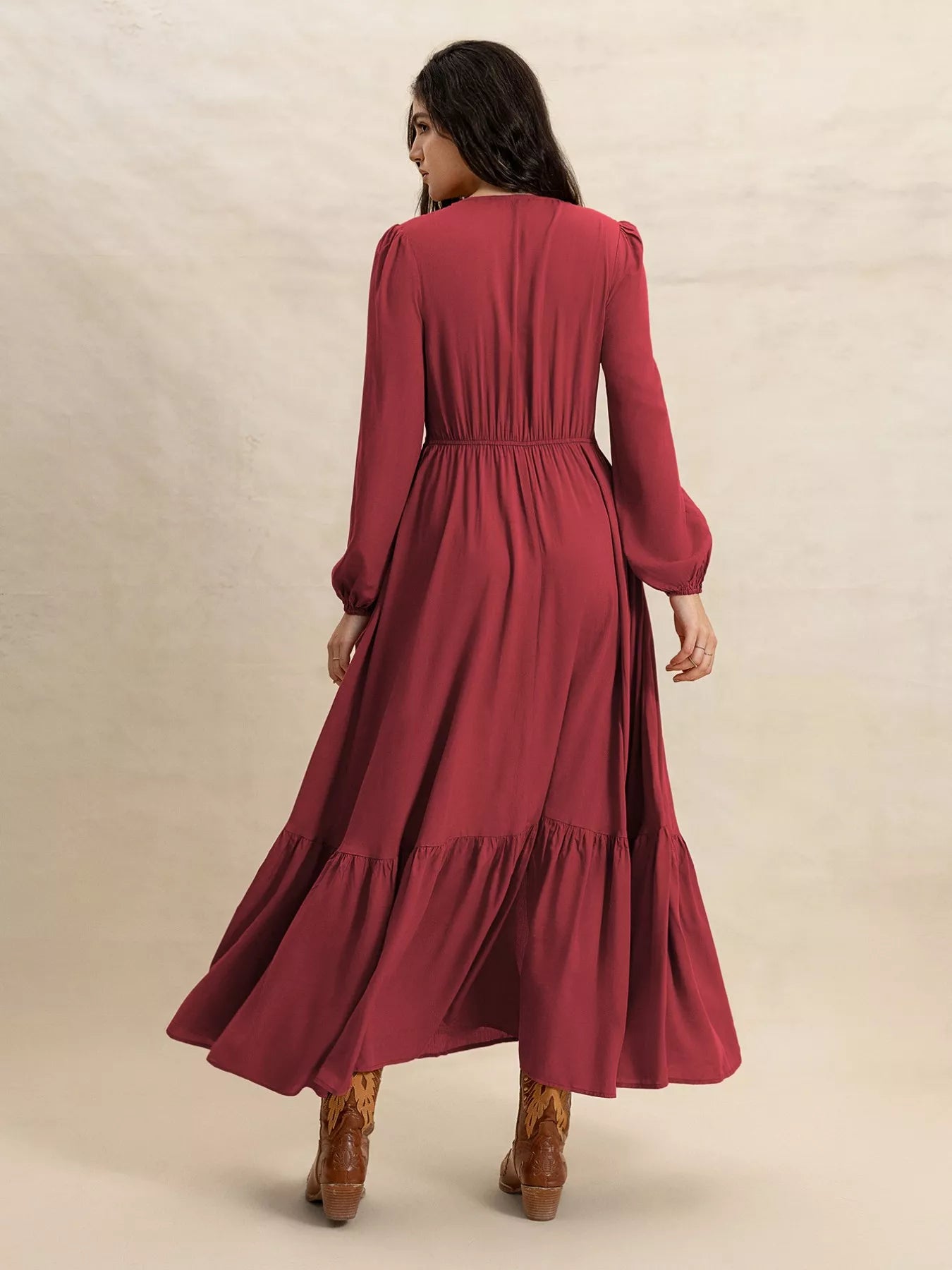Plus Size V-Neck Balloon Sleeve Maxi Dress
