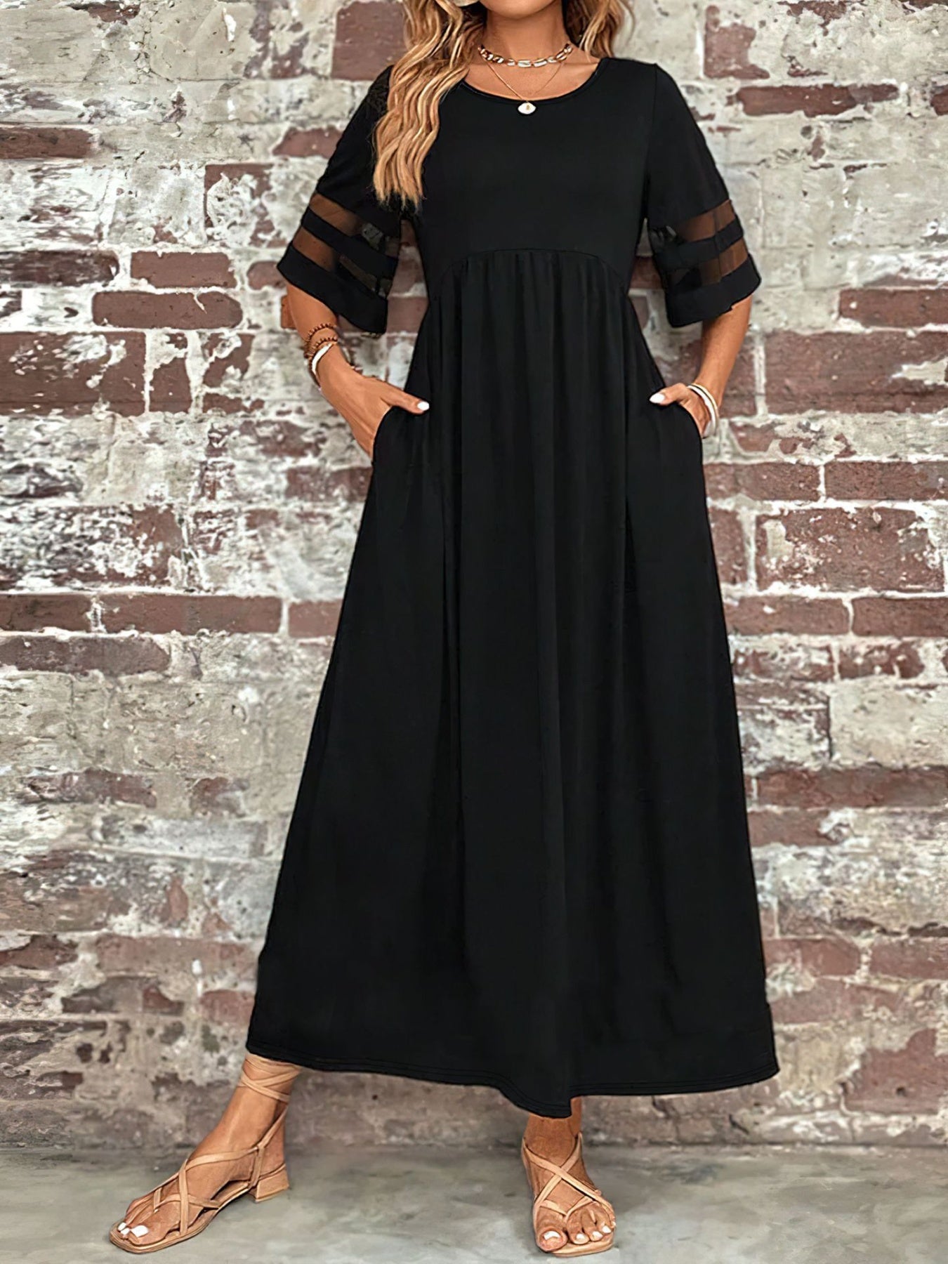 Plus Size Mesh Sleeve Round Neck Dress with Pockets