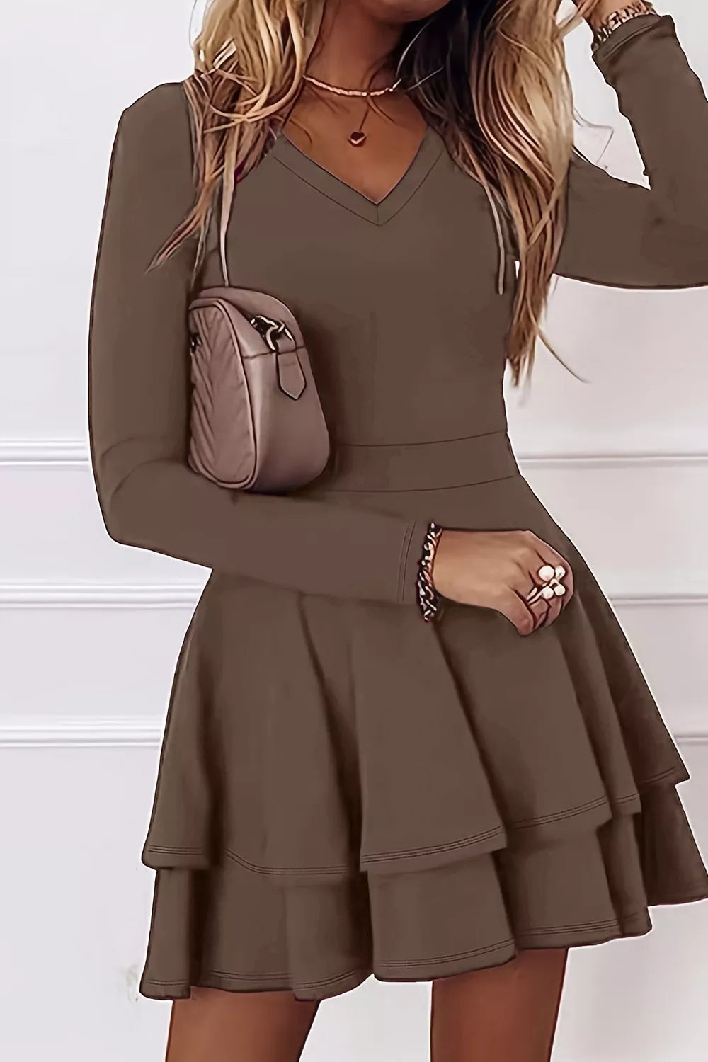 Layered Long Sleeve V-Neck Mini Dress