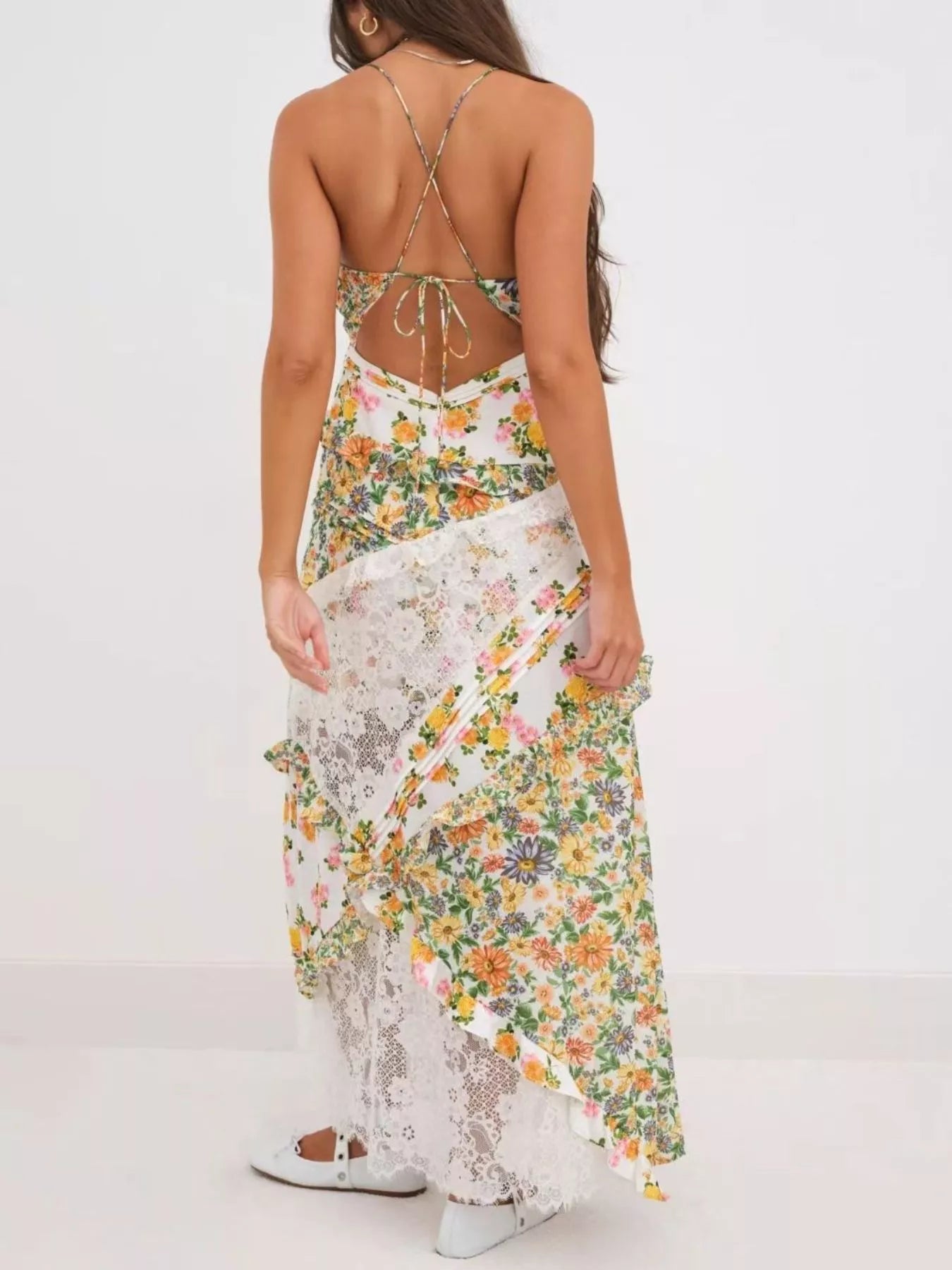 Lace Floral Print Ruffle Trim Maxi Dress