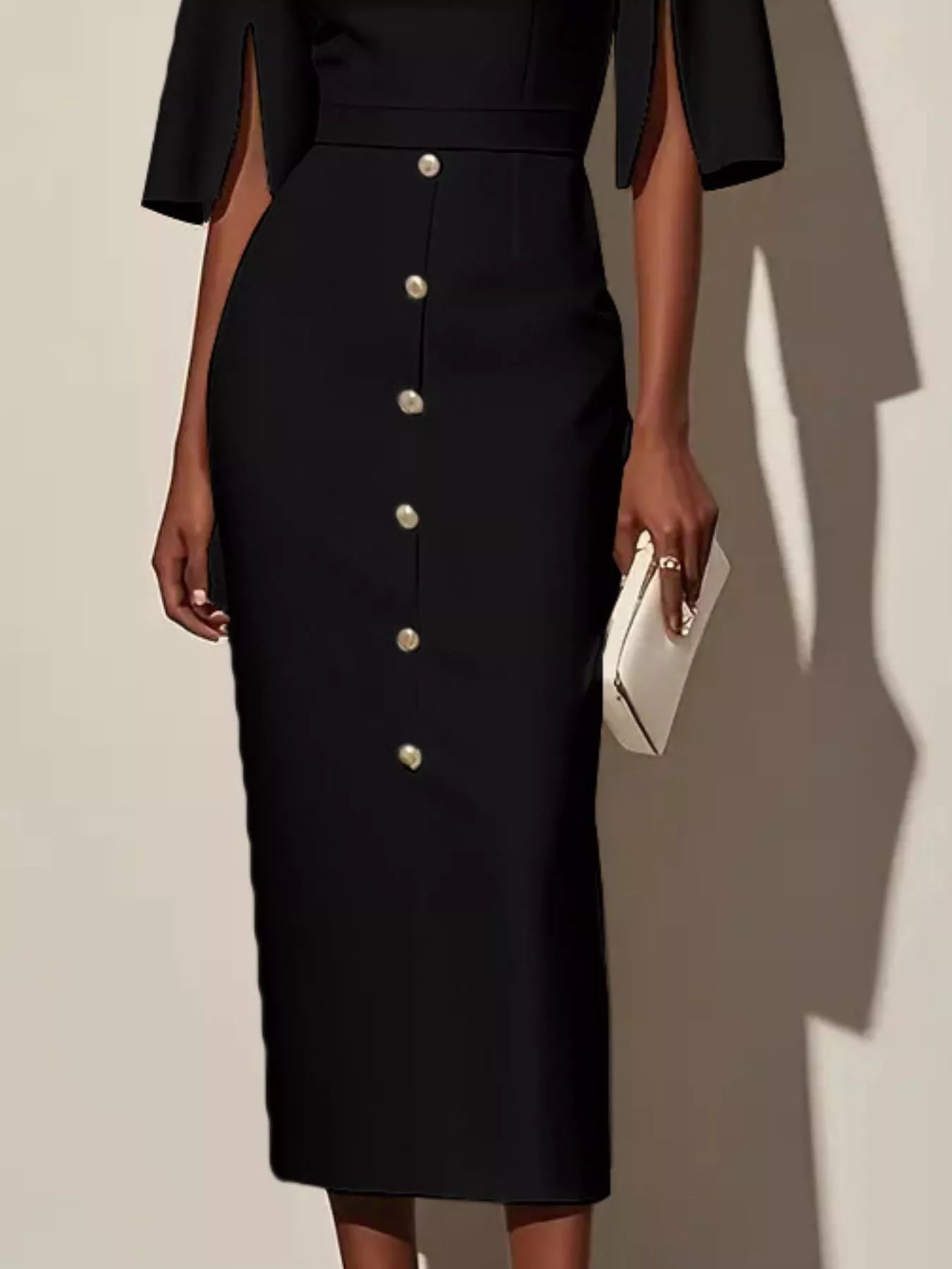 Slit Sleeve Midi Dress with Decorative Button