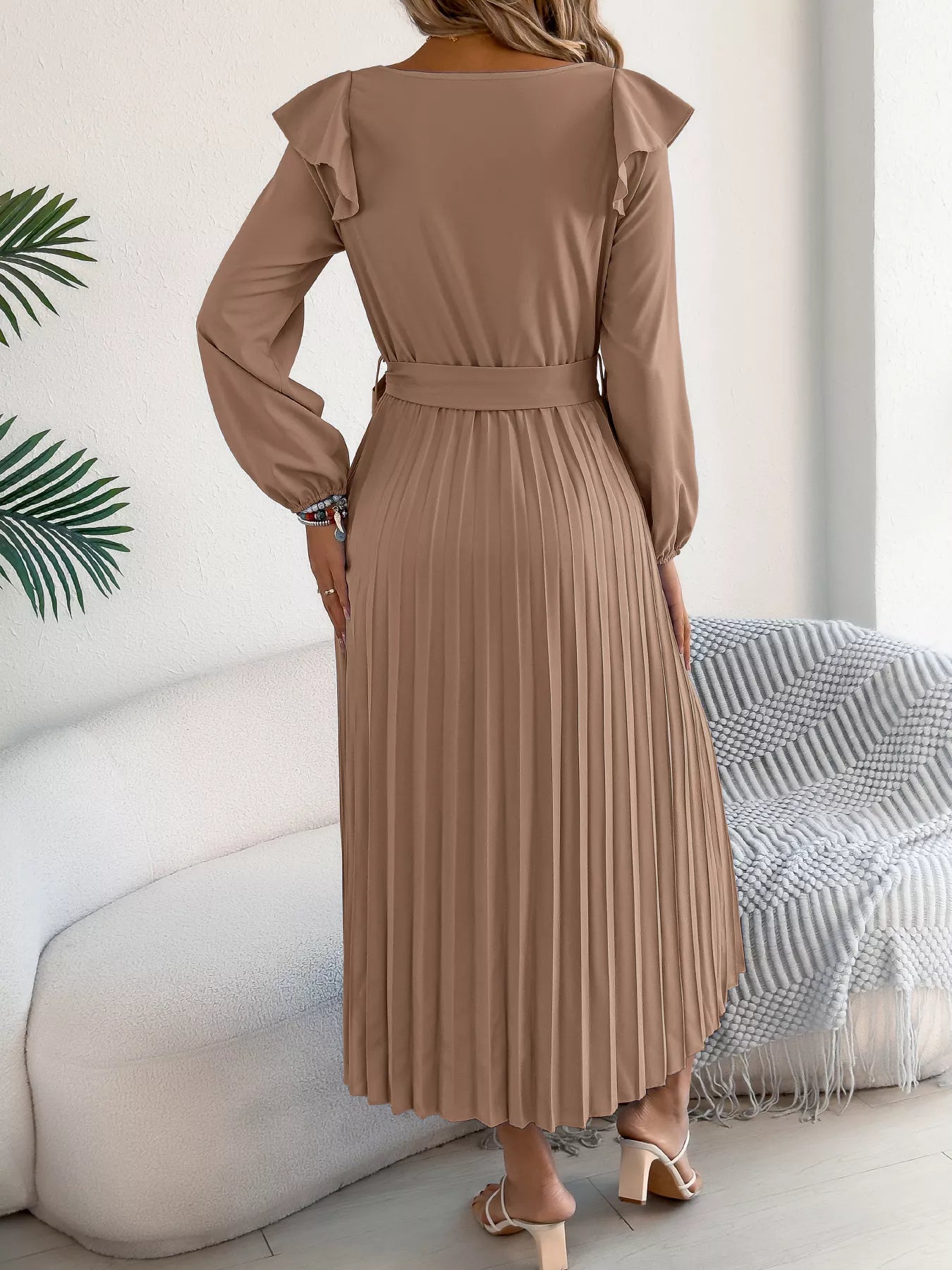 Ruffle Trim Pleated A-Line Midi Dress