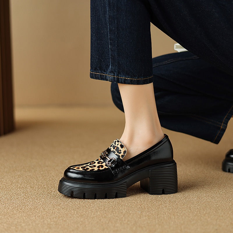 Thick-soled platform shoes for women, genuine leather, leopard print, lazy slip-ons, fisherman's loafers