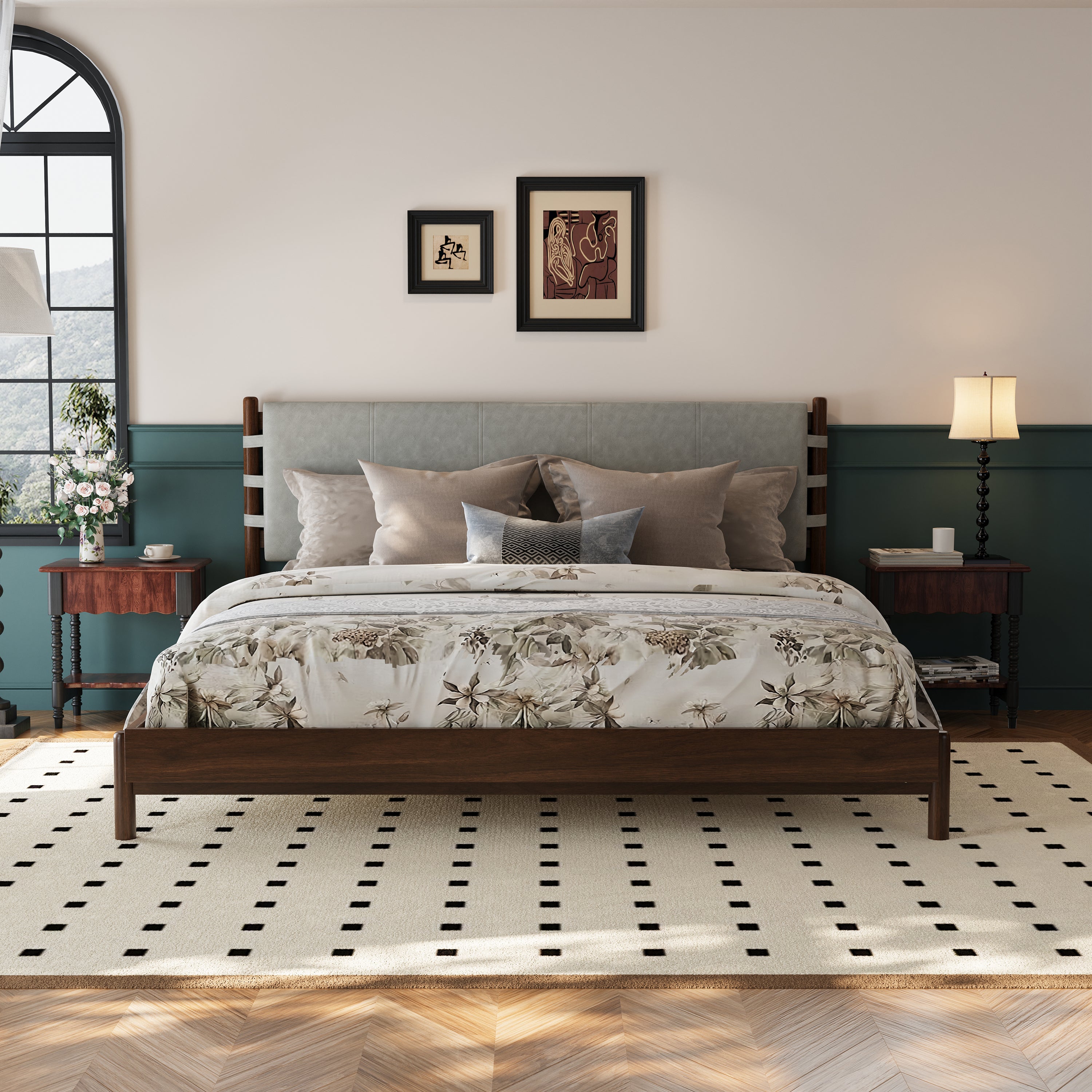 Premium Rubber Wood Platform Bed Frame, King Bed Frame with Headboard Included