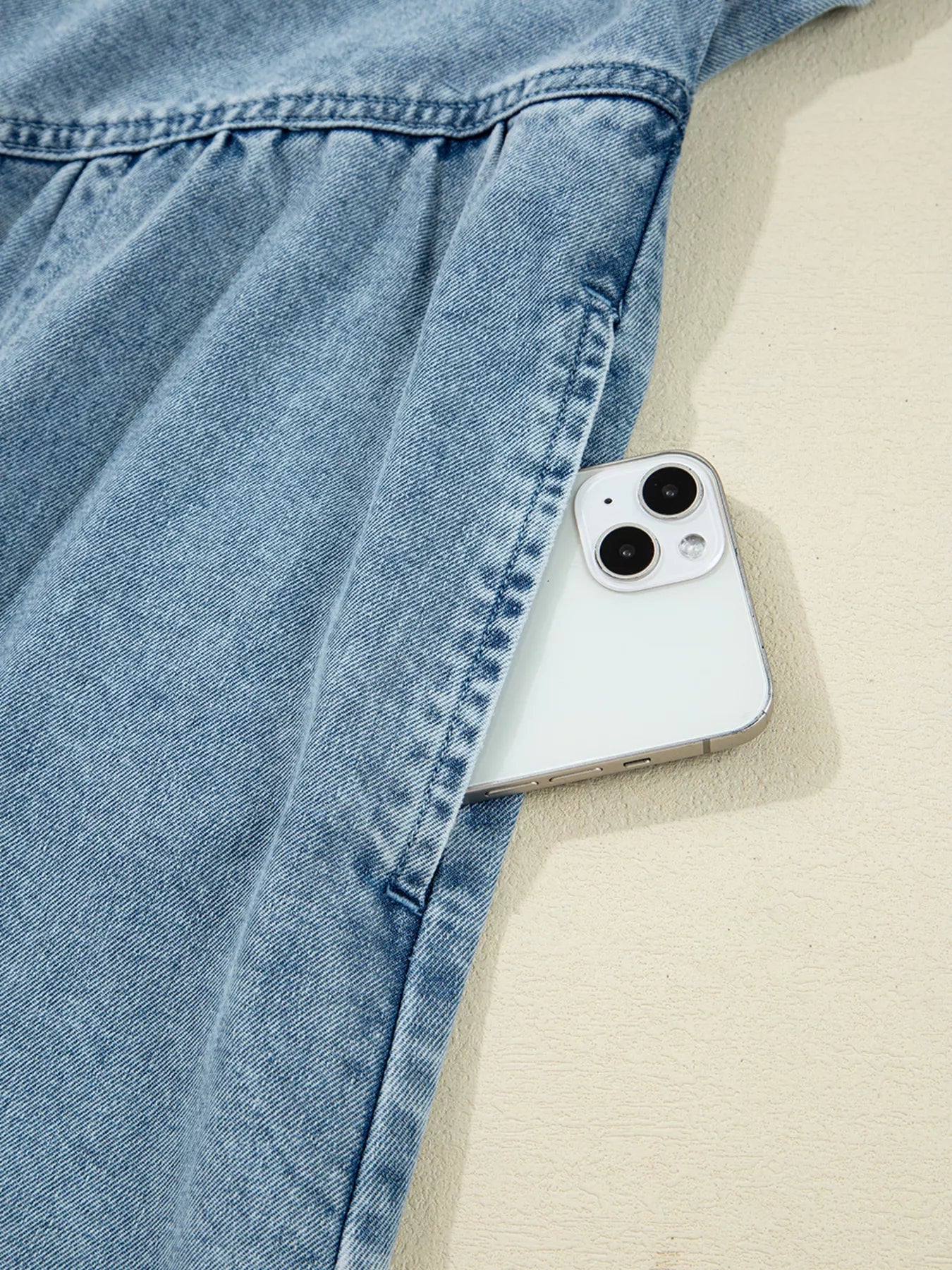 Smocked Cuffs Flared Denim Shirt Mini Dress