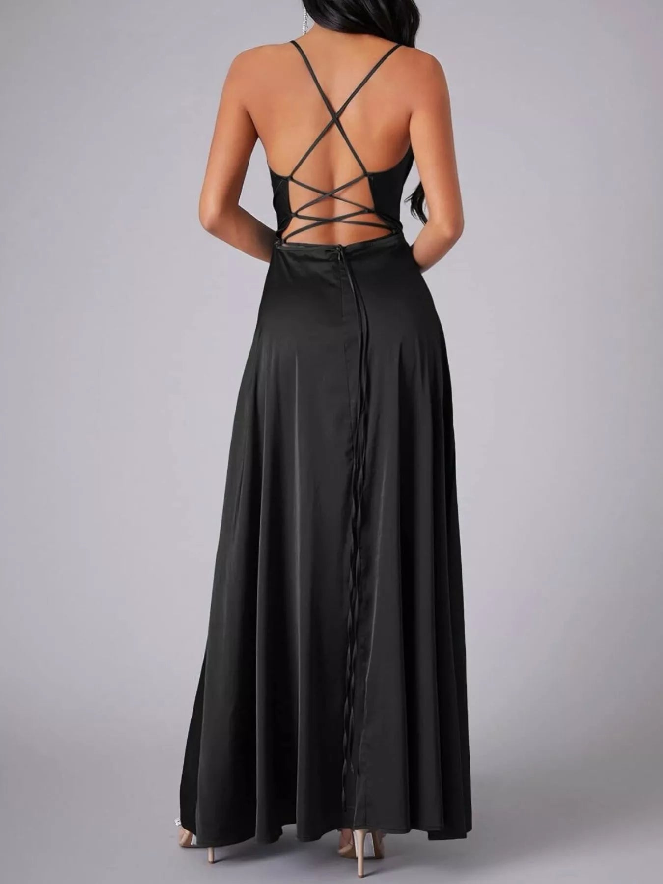 Lace Up Back Split Maxi Dress