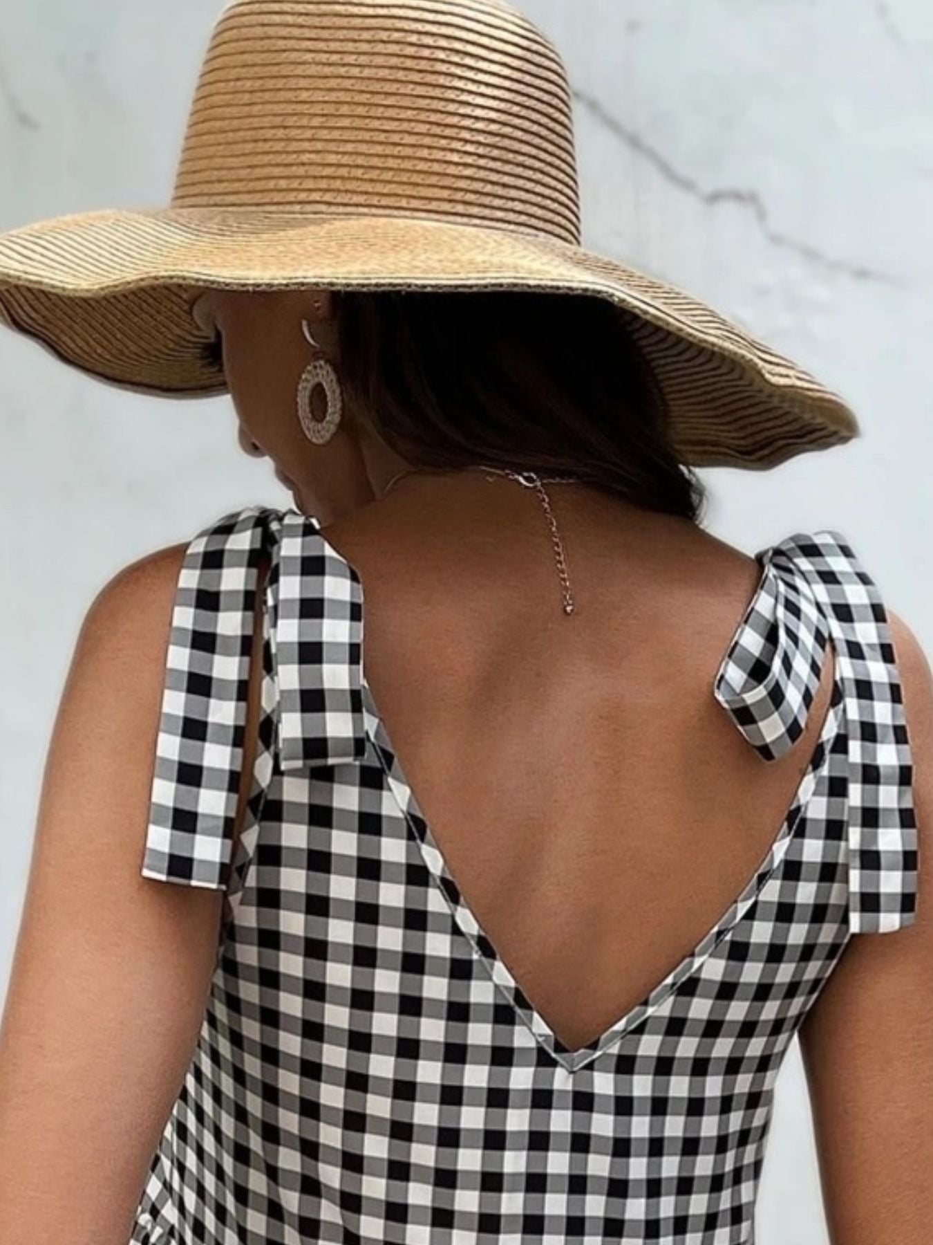 Gingham Tie-Shoulder Tiered Mini Dress
