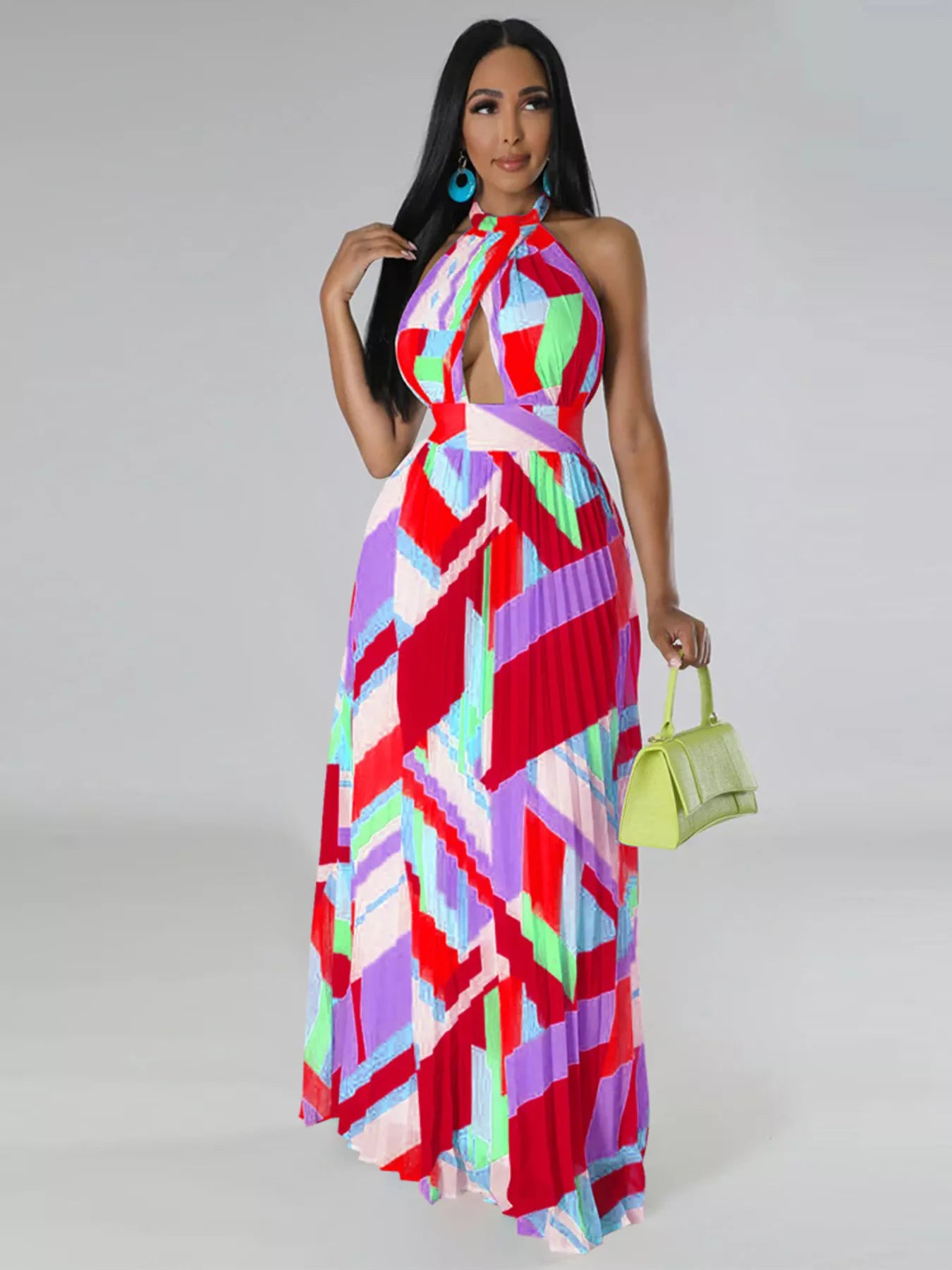 Halter Neck Geometric Print Pleated Maxi Dress