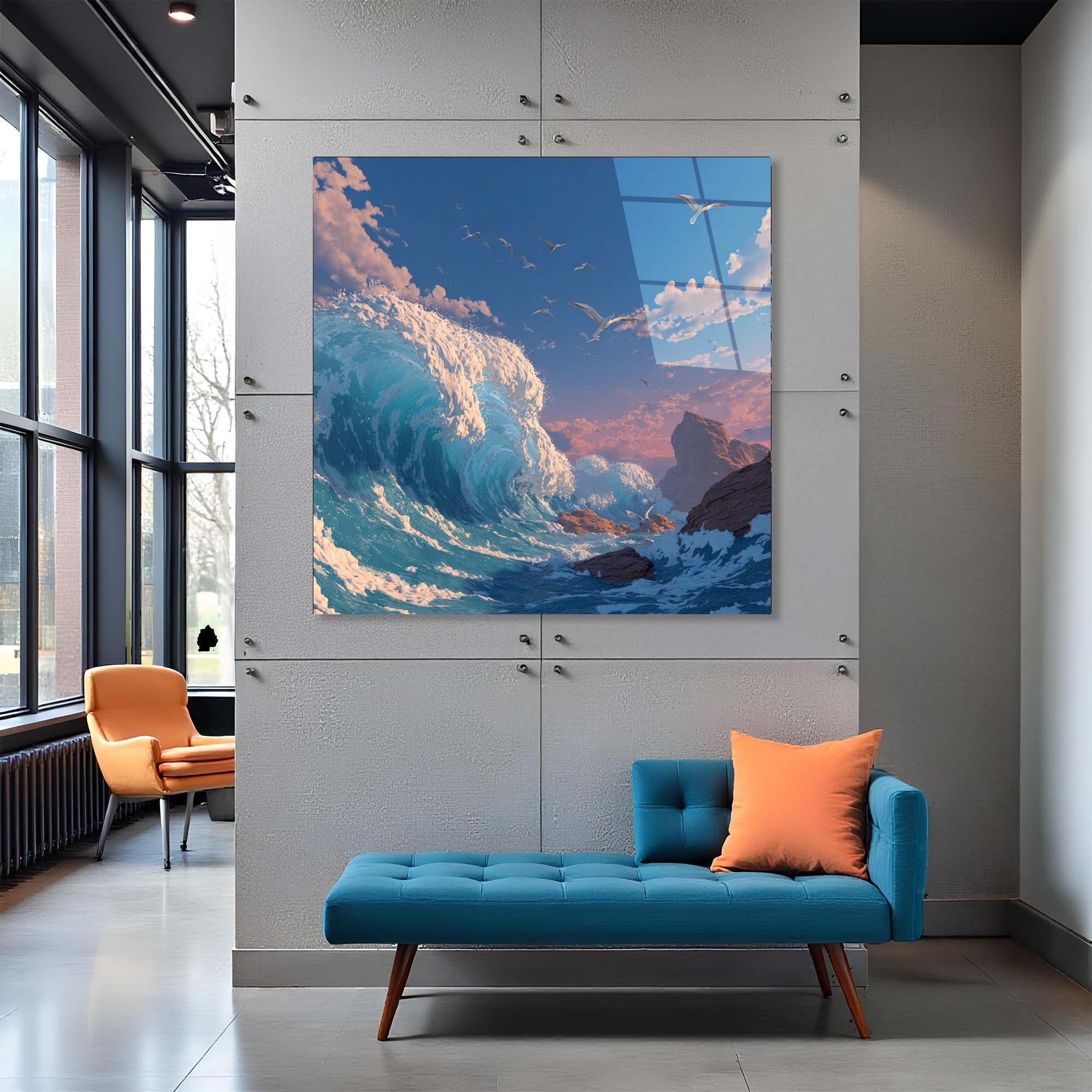 Tempered Glass Ocean Wave Wall Art | Coastal Seagulls Decor