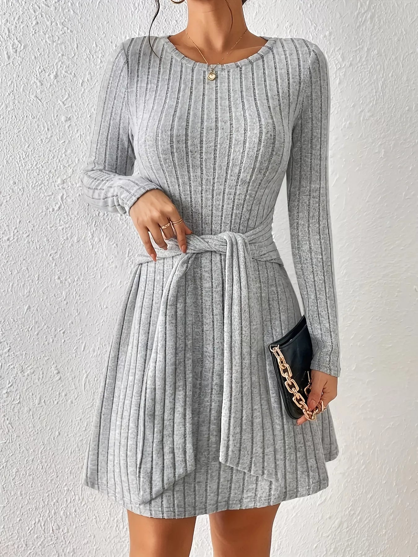 Ribbed Knit Tie Waist Long Sleeve Casual Dress
