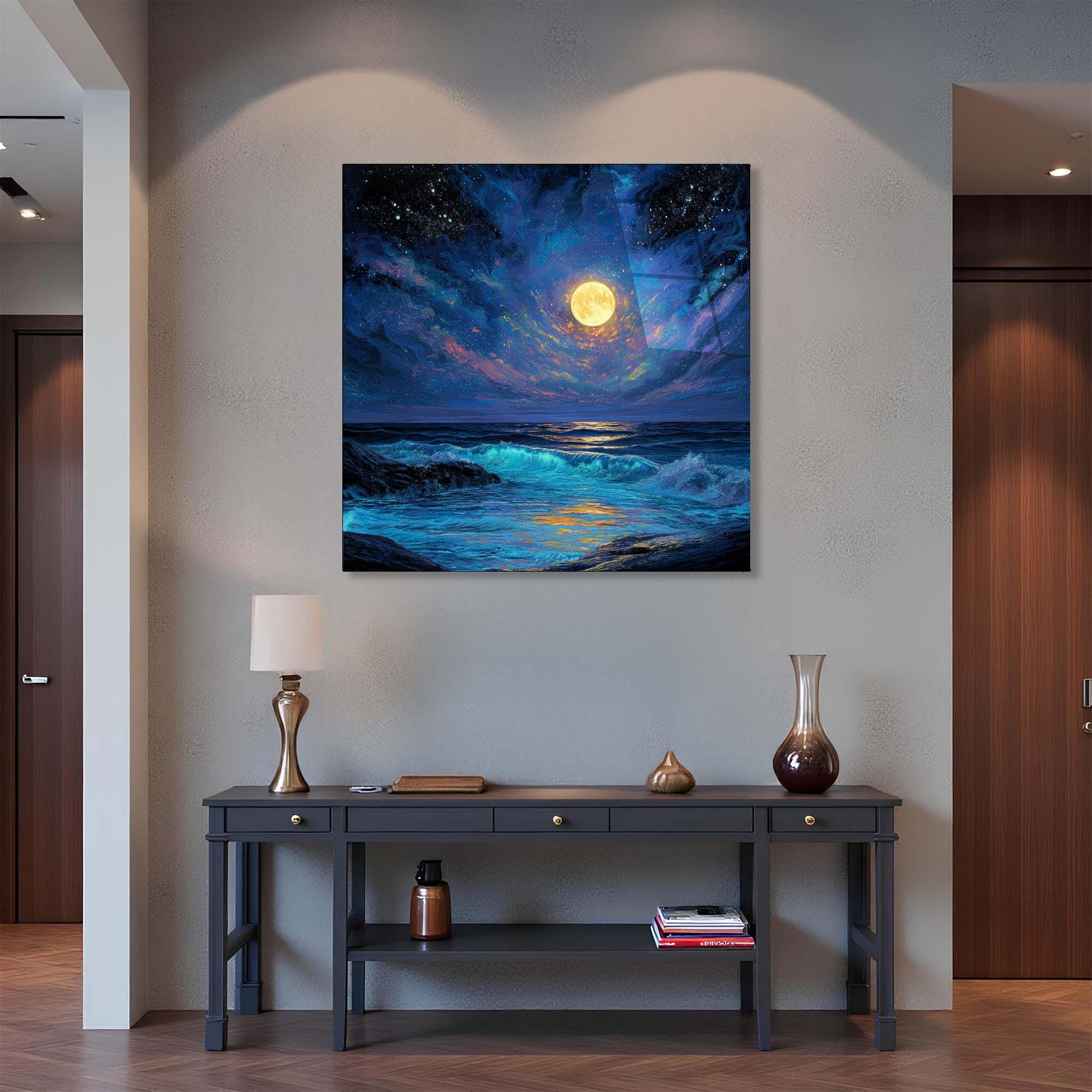 Moonlit Ocean Tempered Glass Wall Art | Coastal Living Room Decor