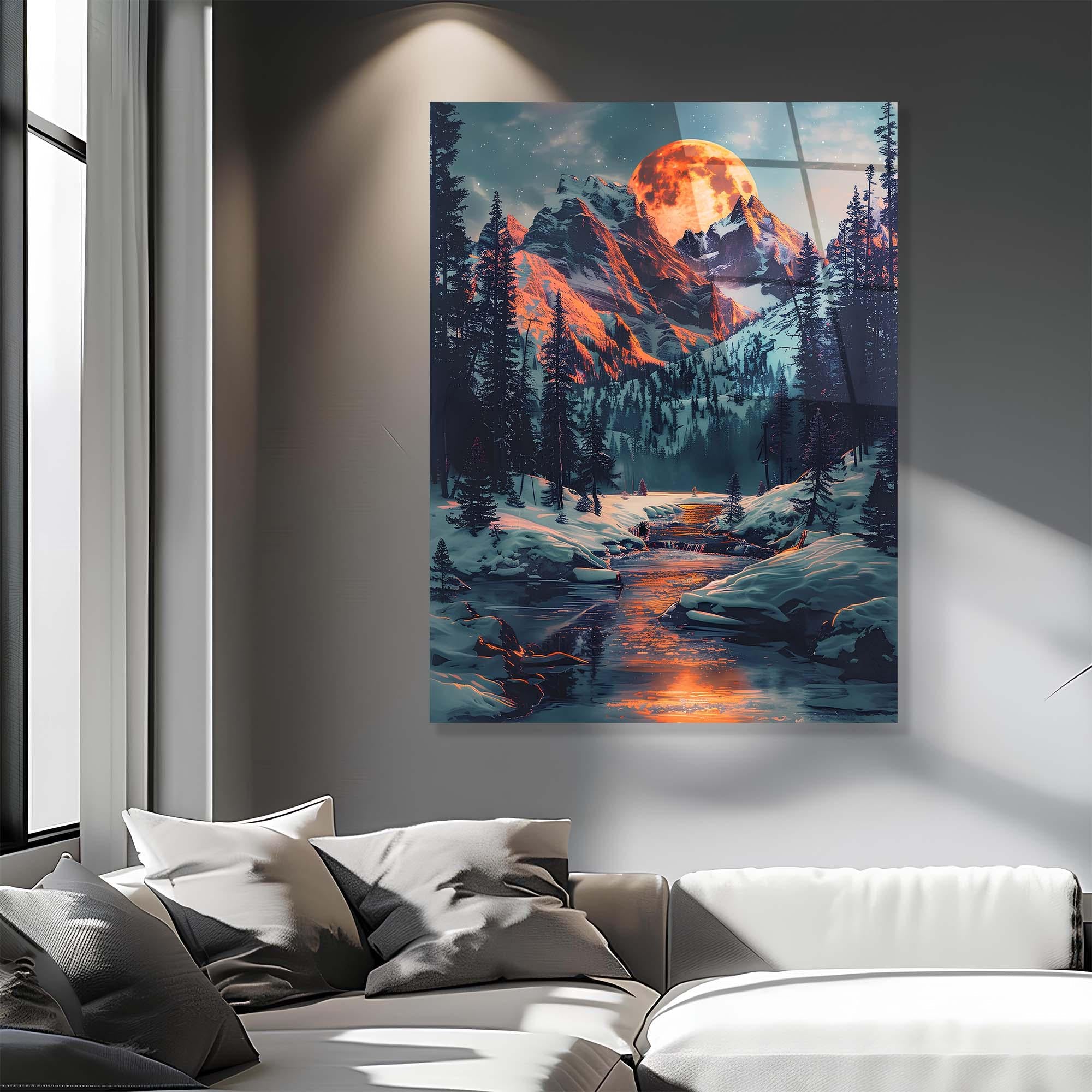 Moonlit Mountain Tempered Glass Wall Art | Winter Landscape Decor