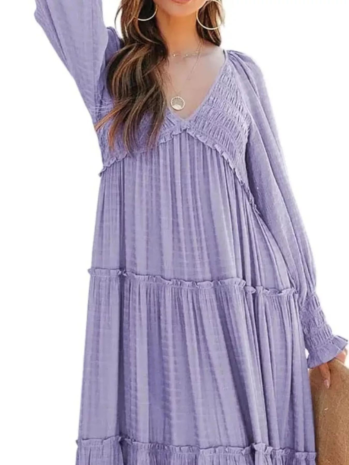 V-Neck Long Sleeve Tiered Maxi Dress