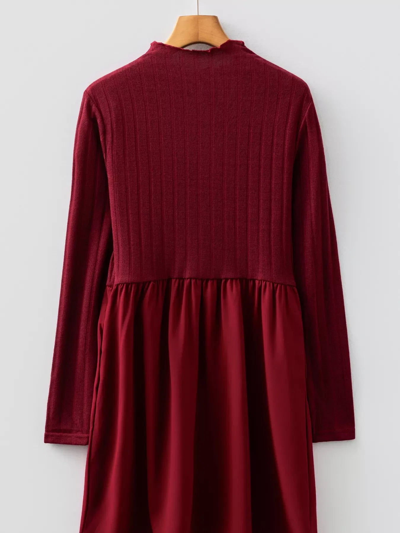 Frilled Neck Ribbed Knit Patchwork Long Sleeve Mini Dress