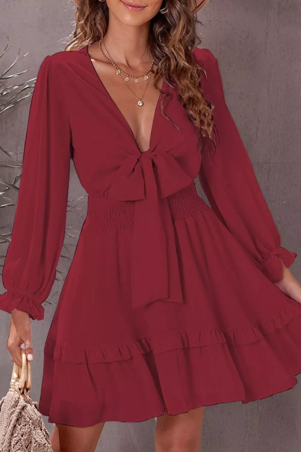 Elegant Tie-Front Ruffle Mini Dress with Smocked Wiast