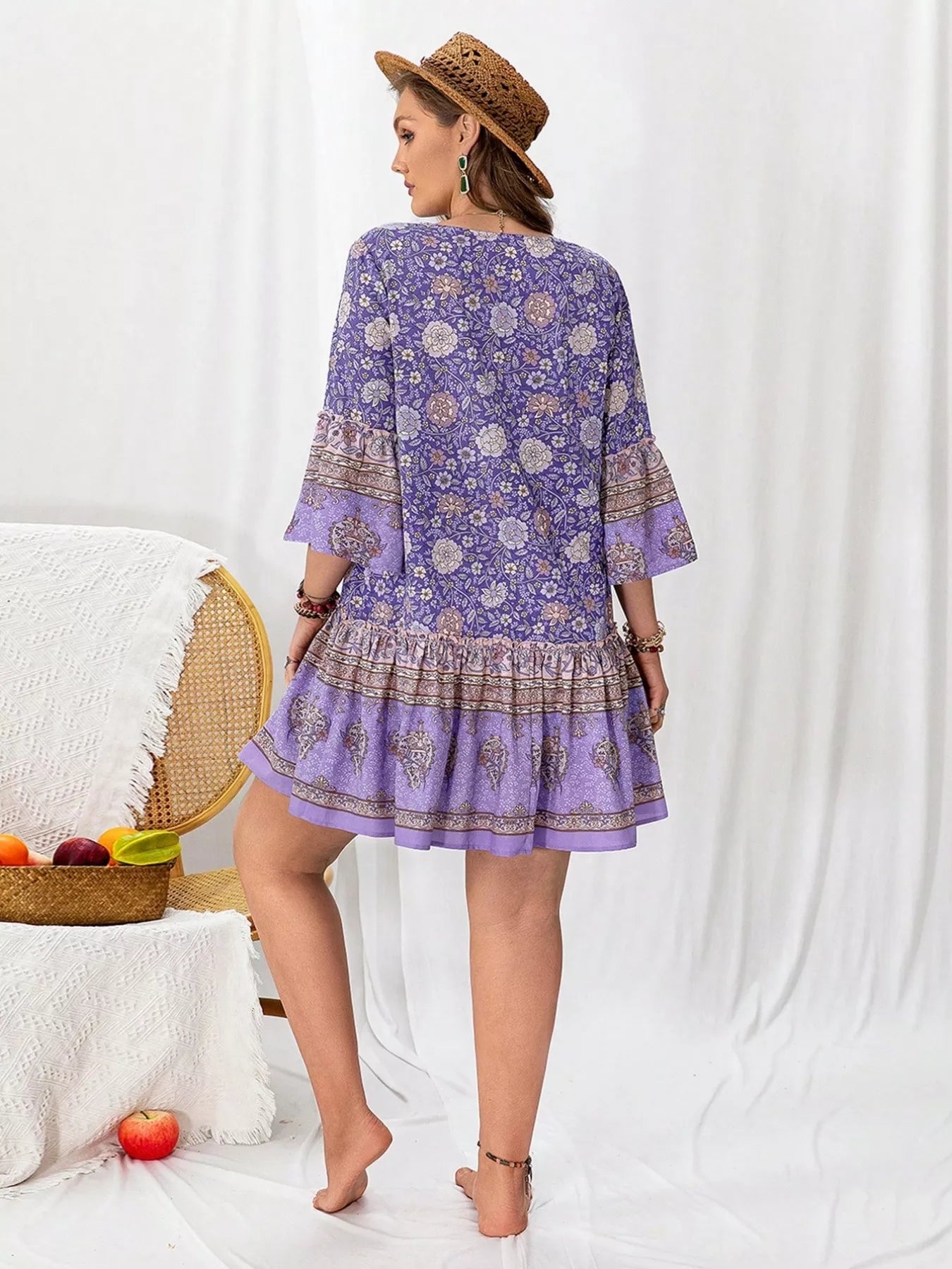Plus Size Floral Print Ruffle Hem Mini Dress
