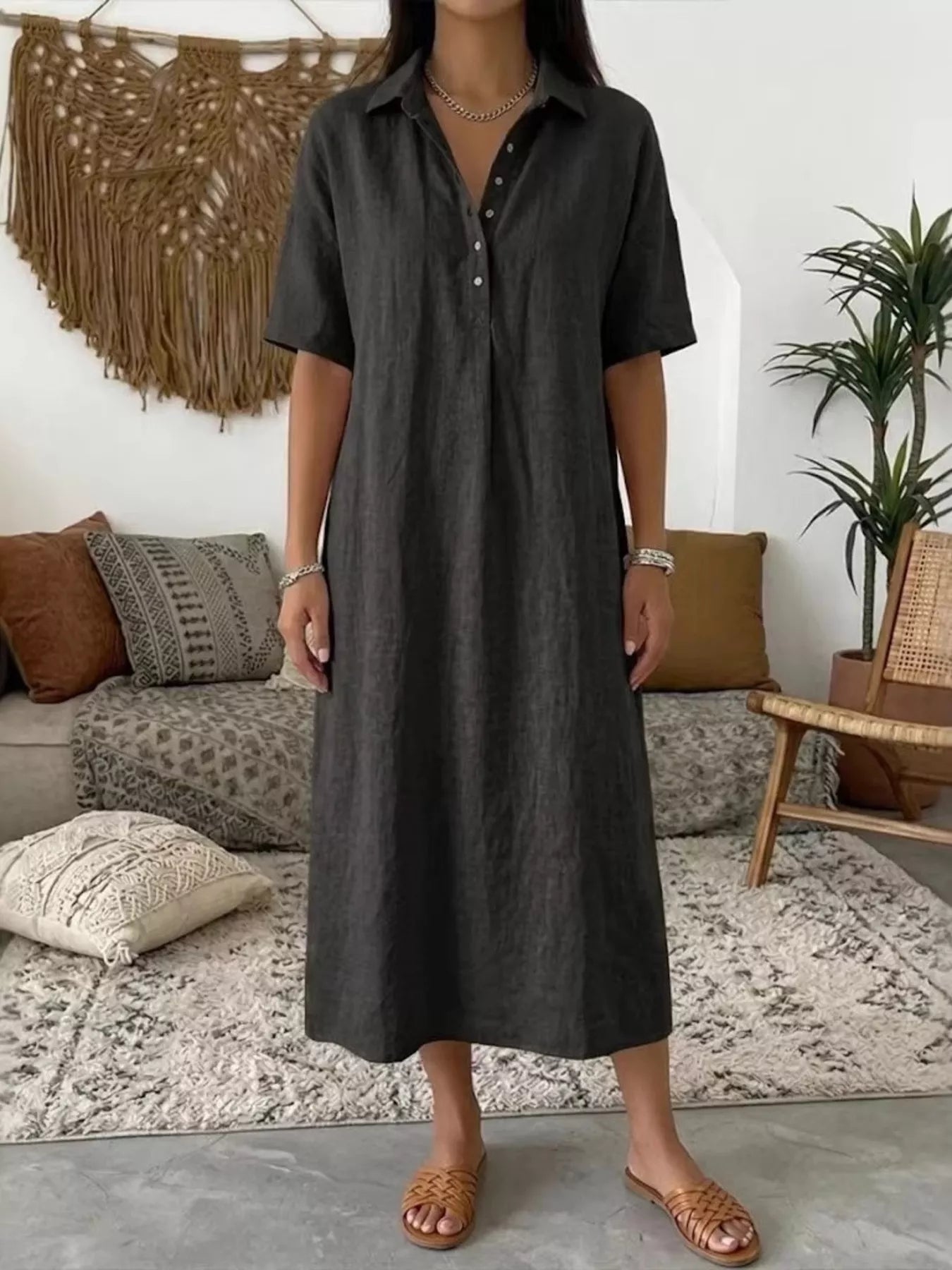 Full Size Button Detail Half Sleeve Dress Plus Size