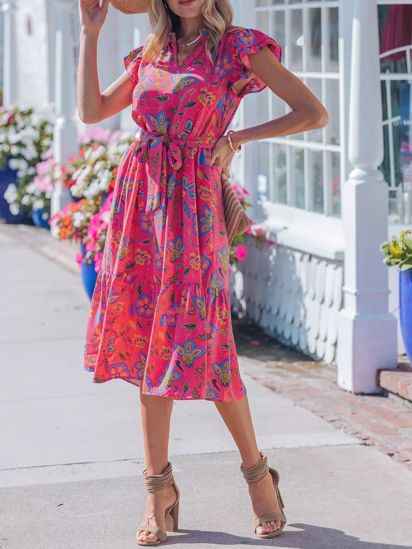 Flutter Sleeve Belted Floral Dress