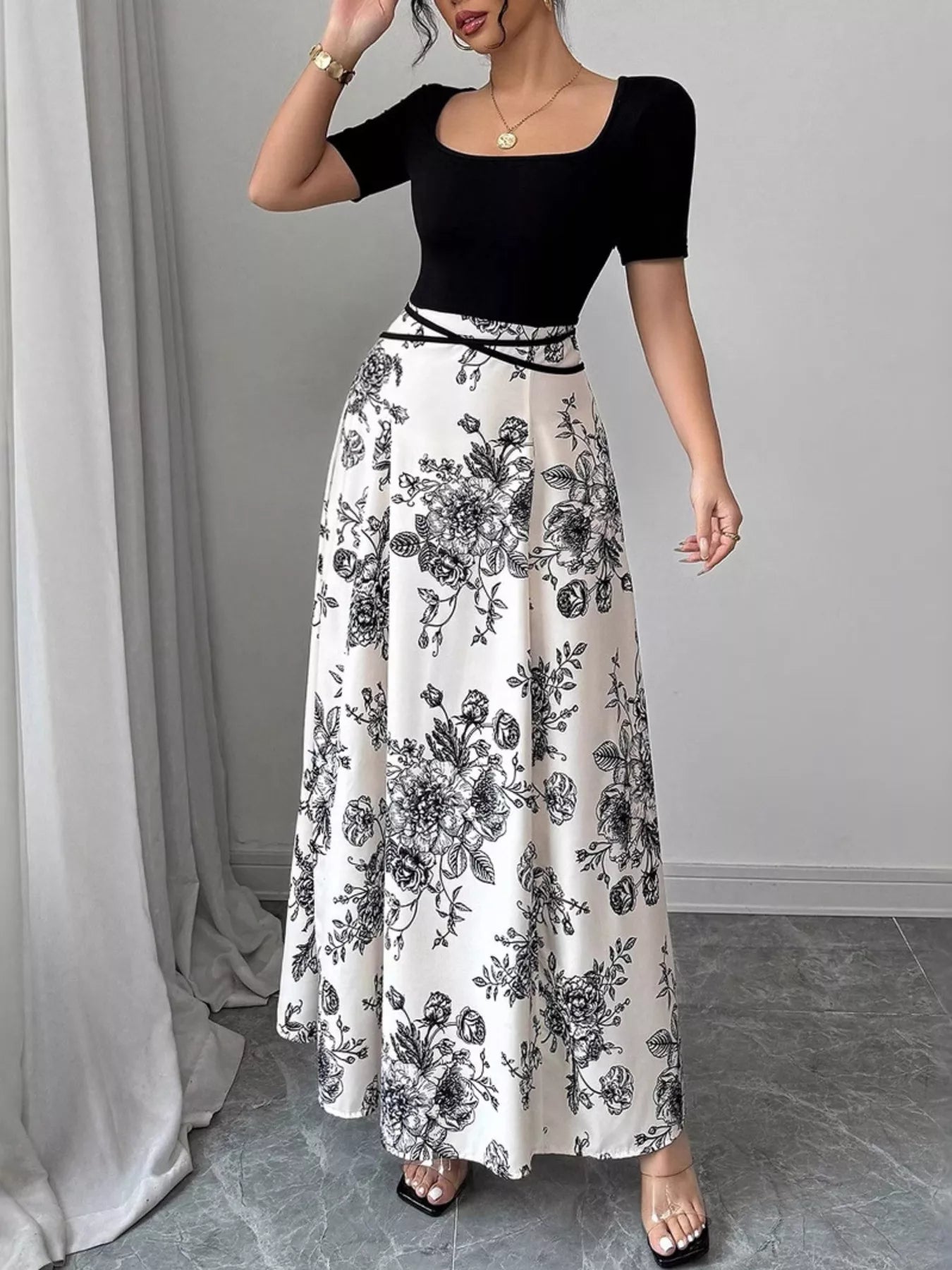 Floral Print Square Neck Maxi Dress
