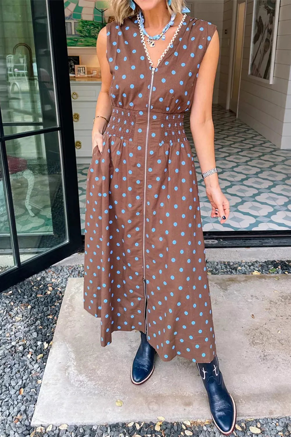 Polka Dot Zipper Front Midi Dress