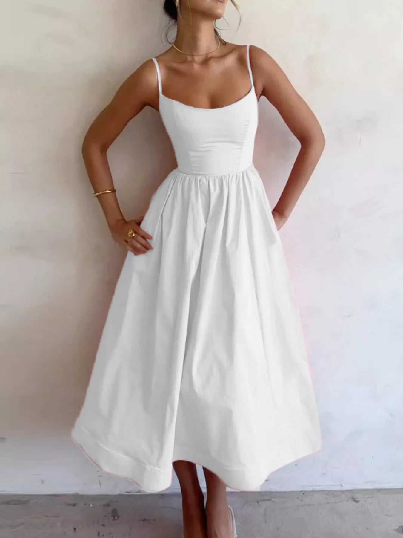 Adjustable Strap Scoop Neck Midi Dress