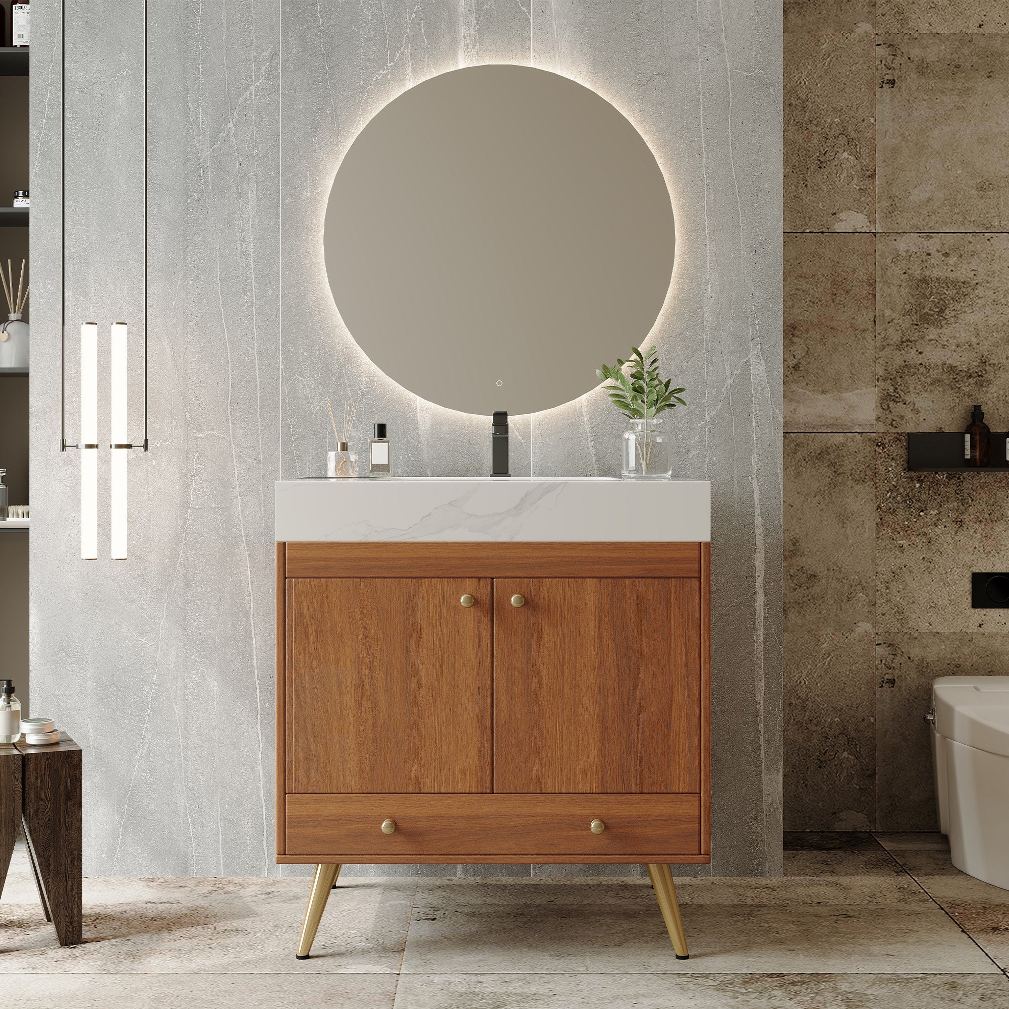 Mid-Century Freestanding Bathroom Vanity with Faux Marble Top