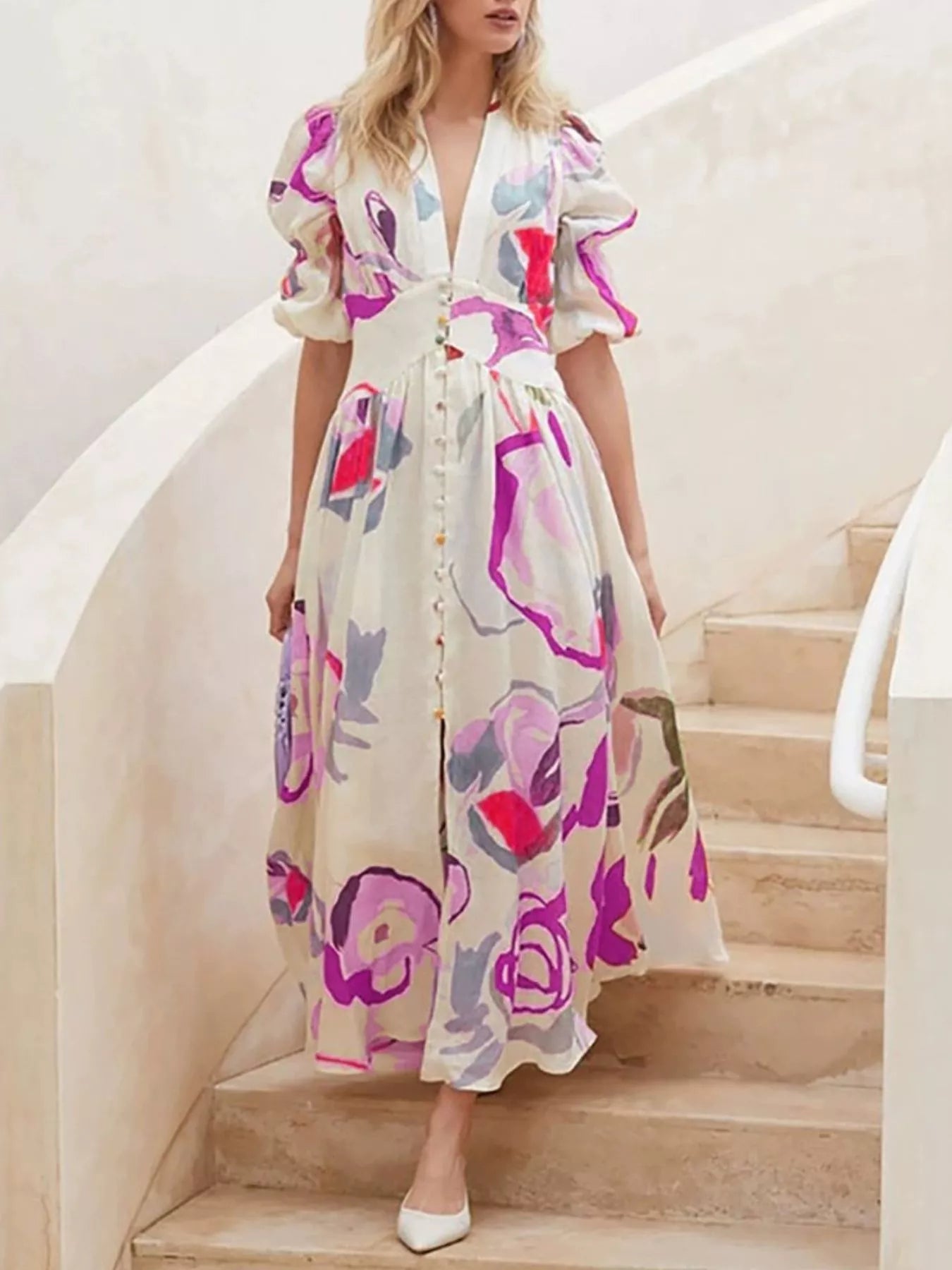 Full Size Abstract Print Puff Sleeve Midi Dress Plus Size