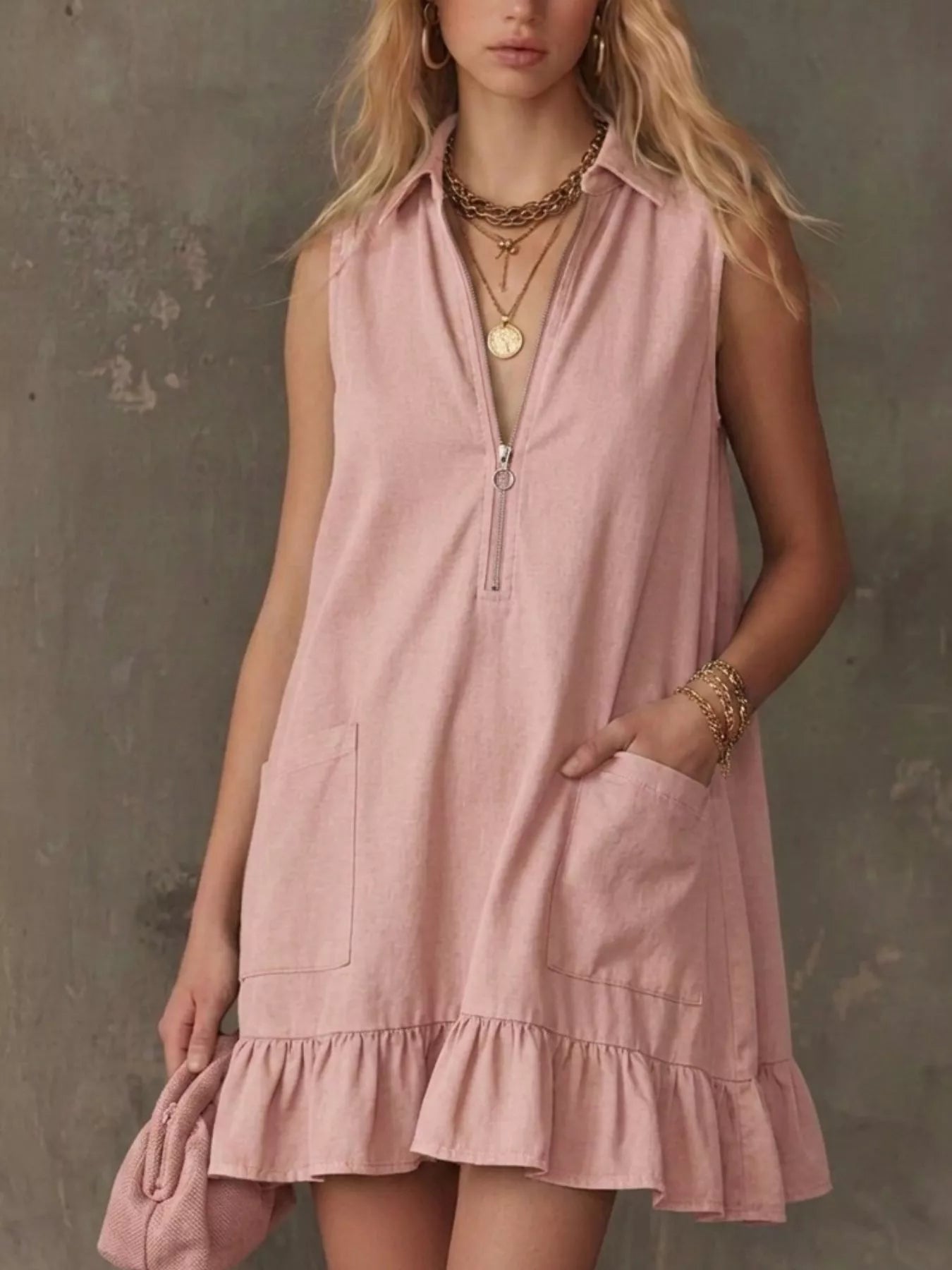 Sleeveless Collared Zip-Front Ruffle Hem Dress