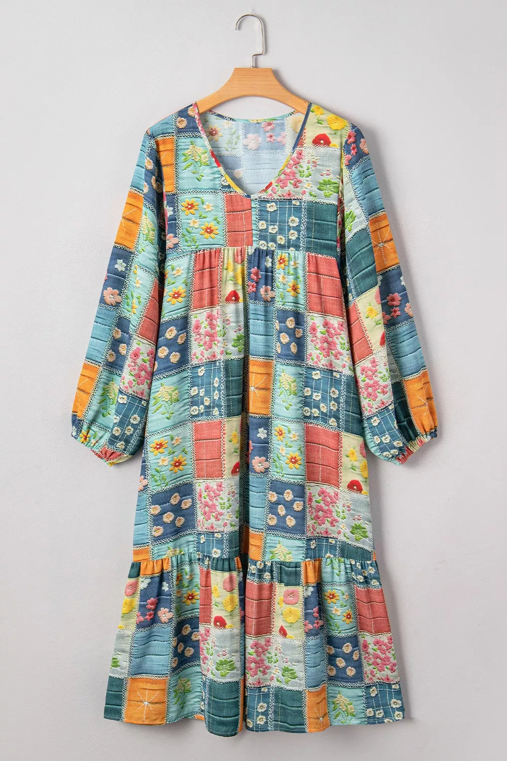 Floral Checkered V-Neck Dress
