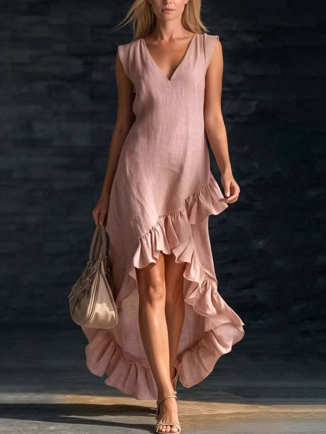 Sleeveless V-Neck Ruffle Hem High-Low Dress