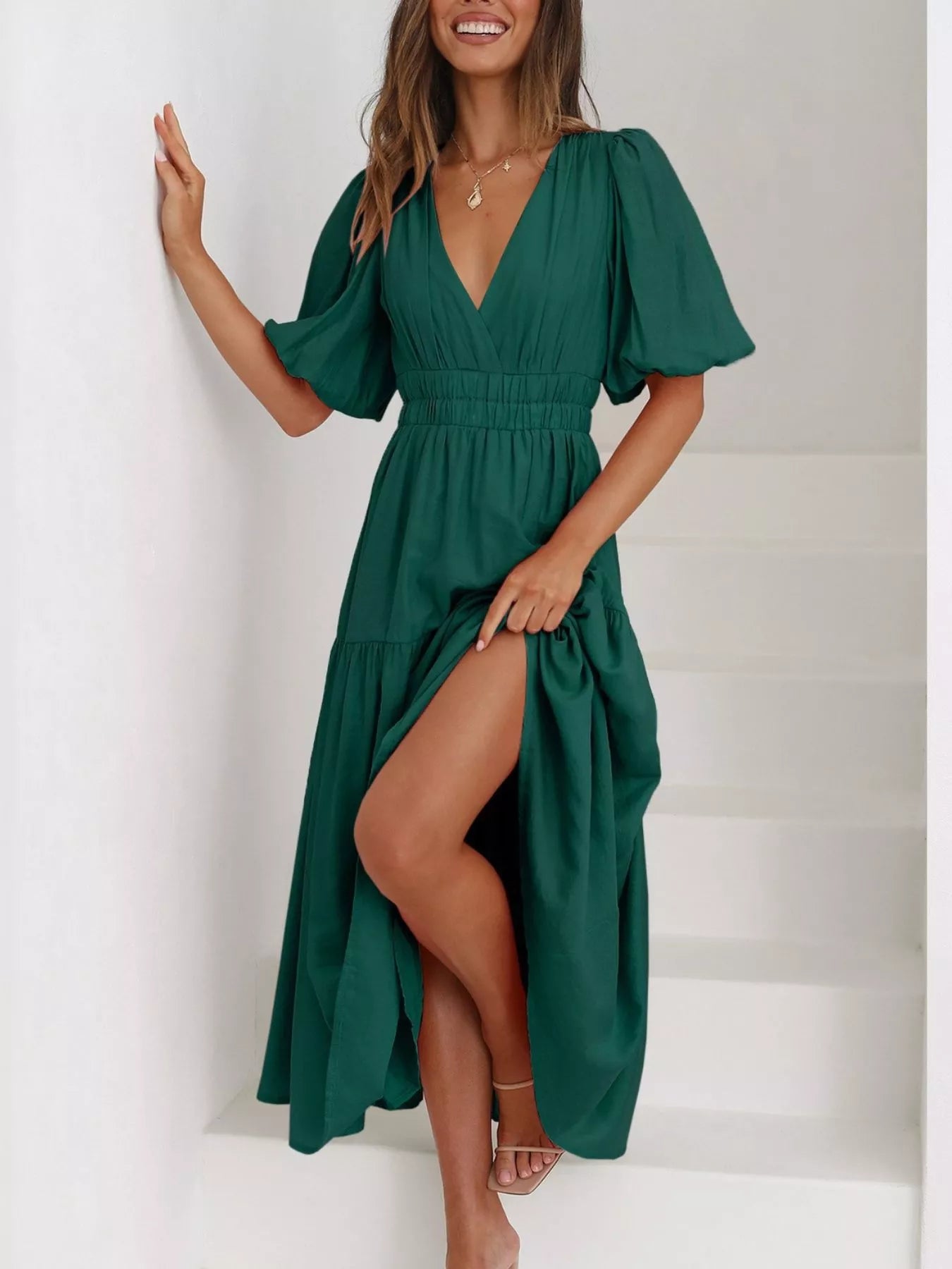 V-Neck Puff Sleeve Midi Dress