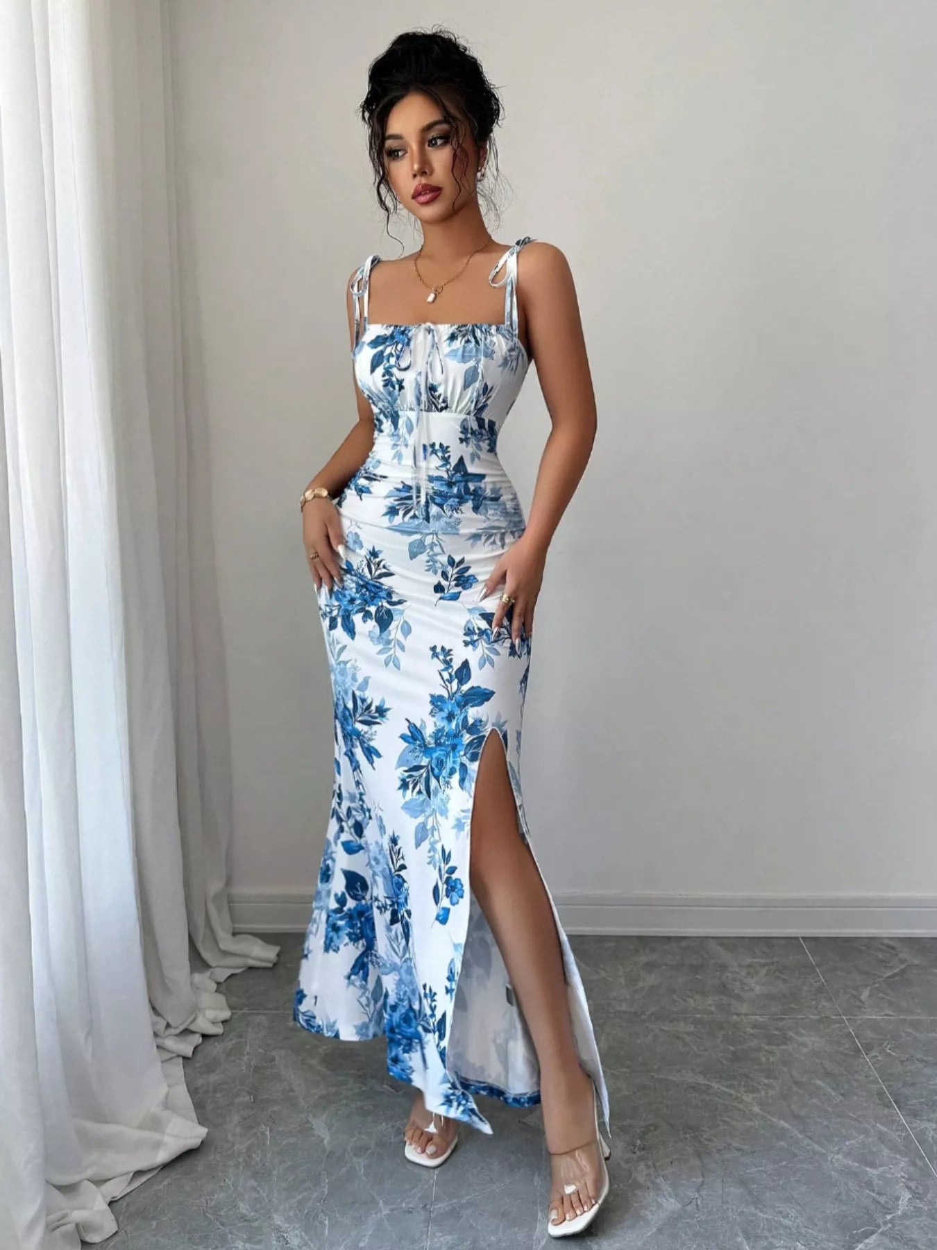 Printed Tie Strap Slit Maxi Dress