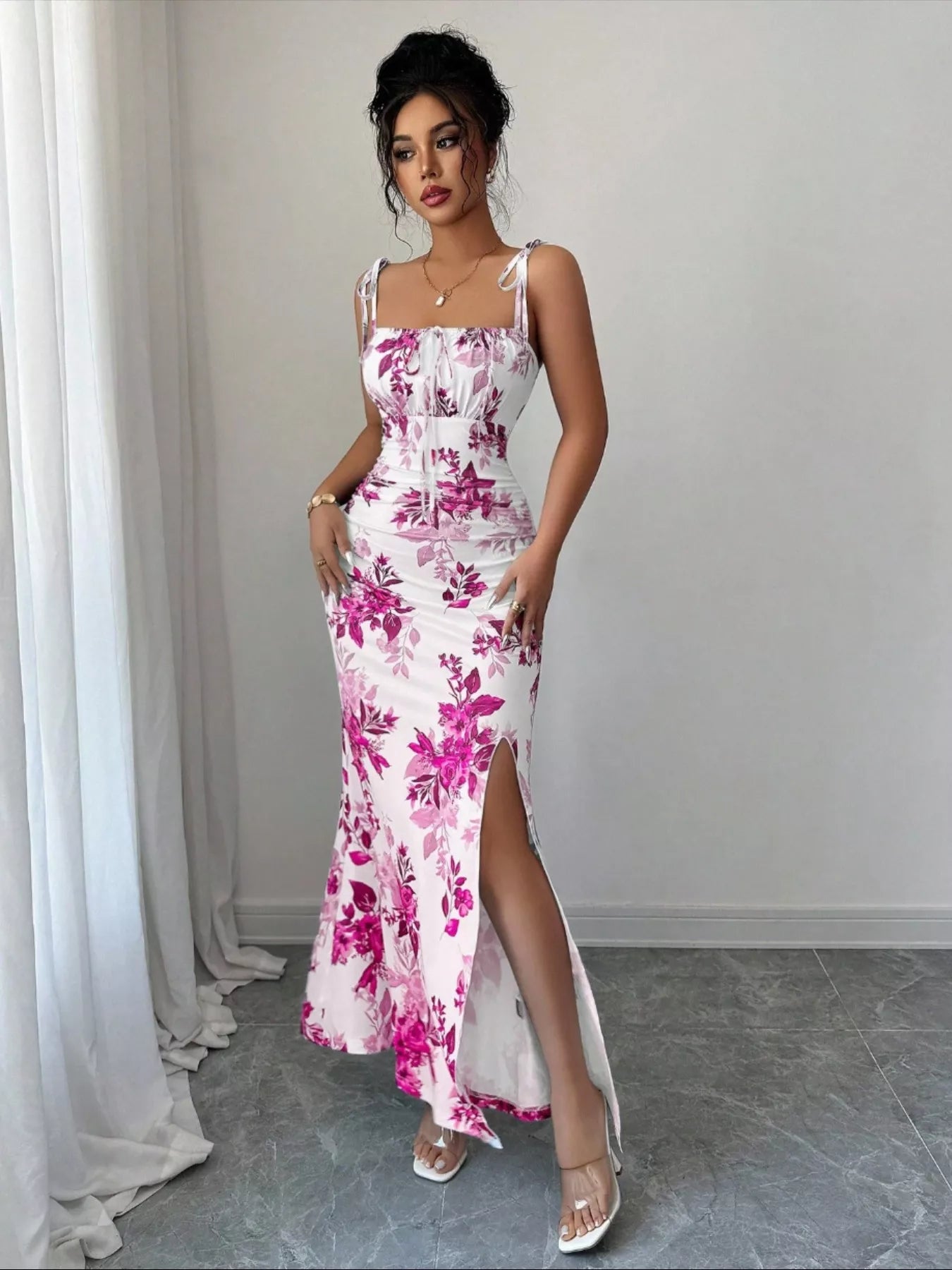 Printed Tie Strap Slit Maxi Dress