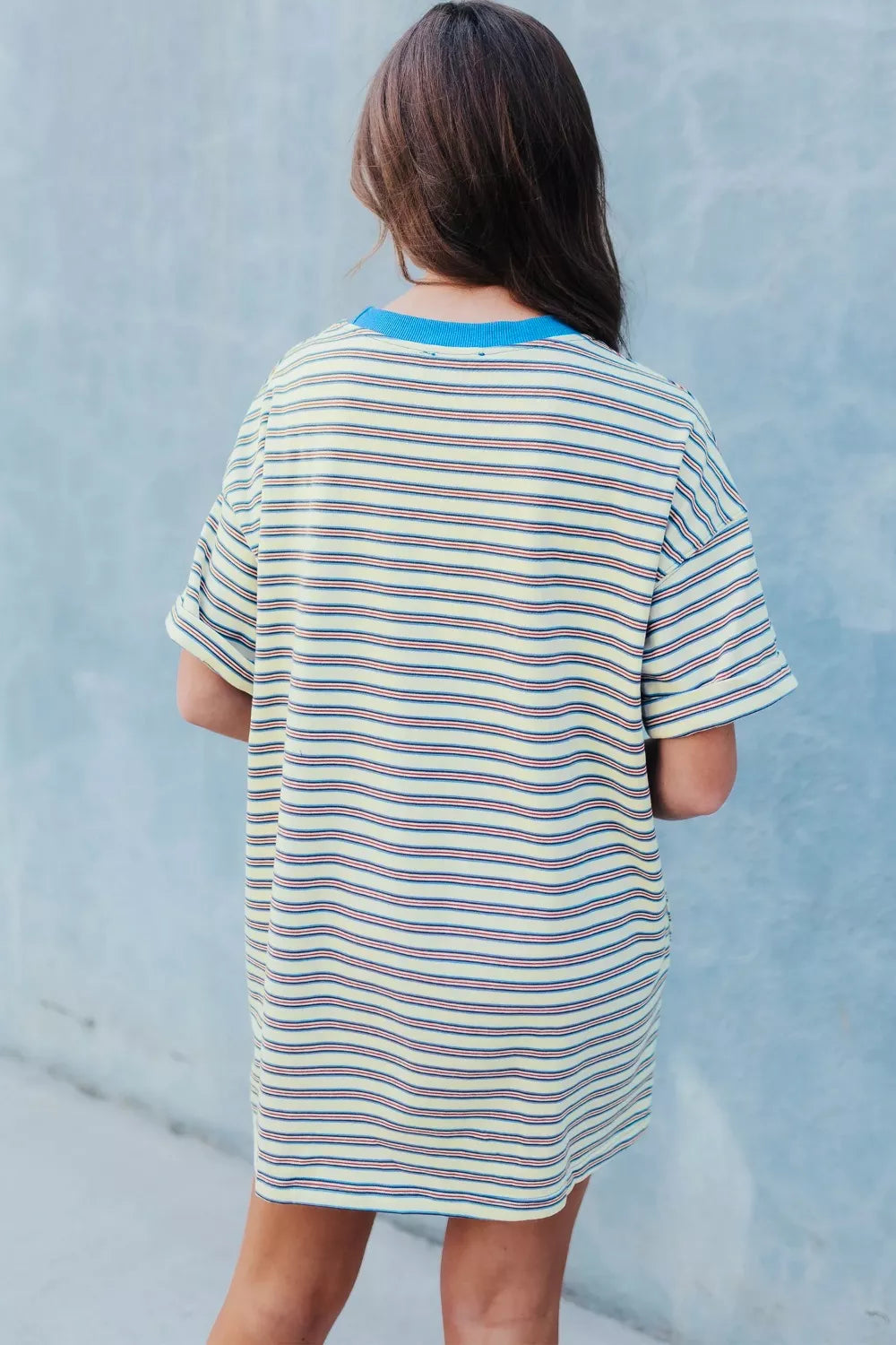 Stripe Drop Shoulder Cuffed Sleeve Loose Tunic T Shirt Mini Dress