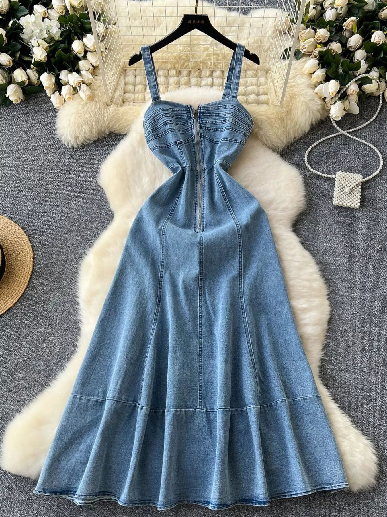 Sleeveless Zipper Front A-Line Denim Dress