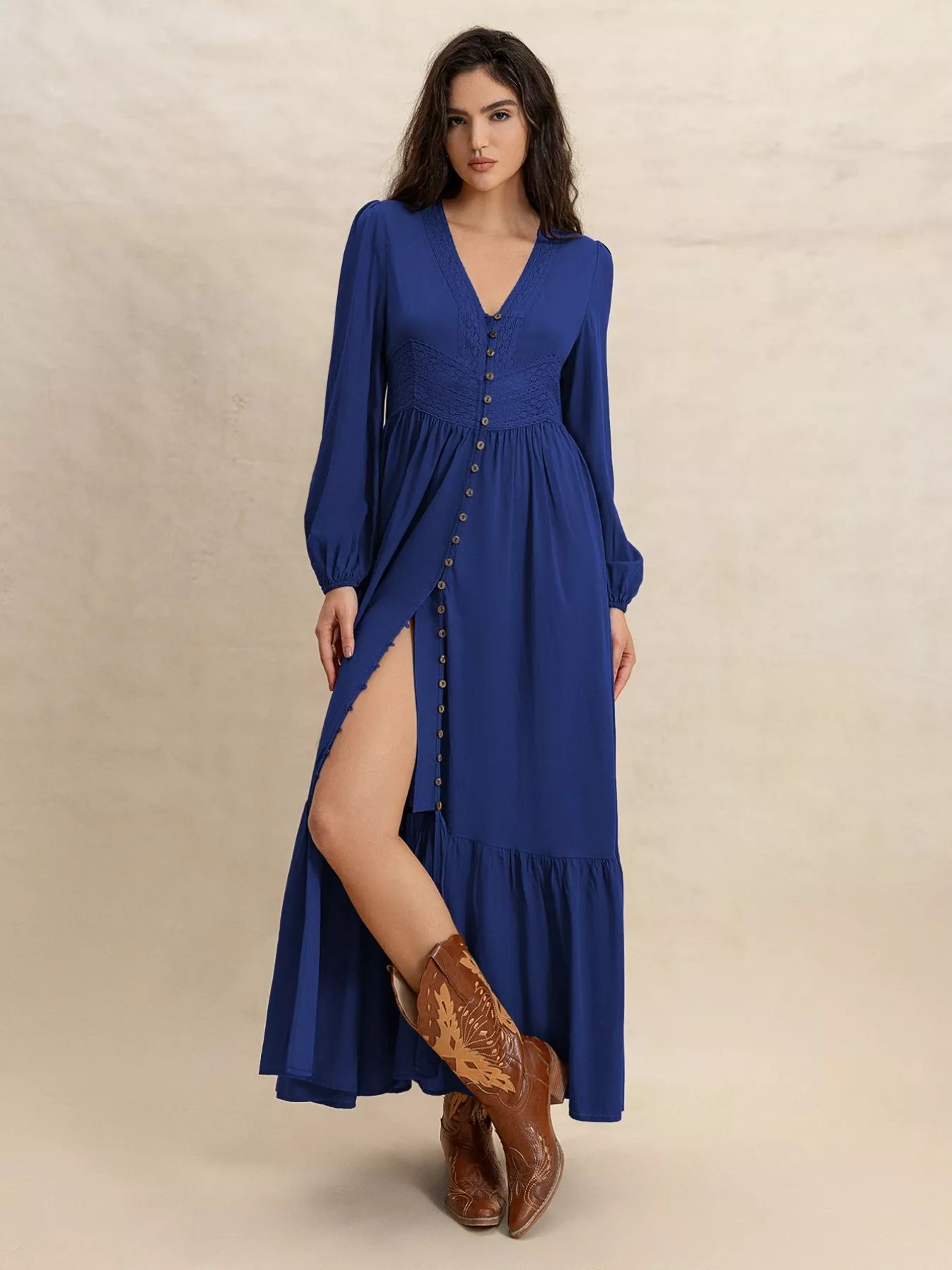 Plus Size Slit V-Neck Long Sleeve Maxi Dress