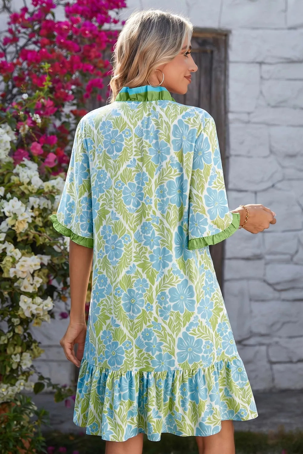 Floral Print Ruffle Hem Button-Up Mini Dress