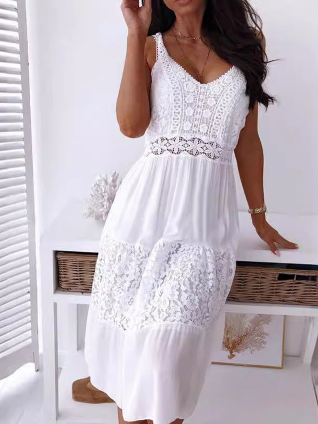 Full Size Lace Trimmed V-Neck Tiered Cami Dress Plus Size