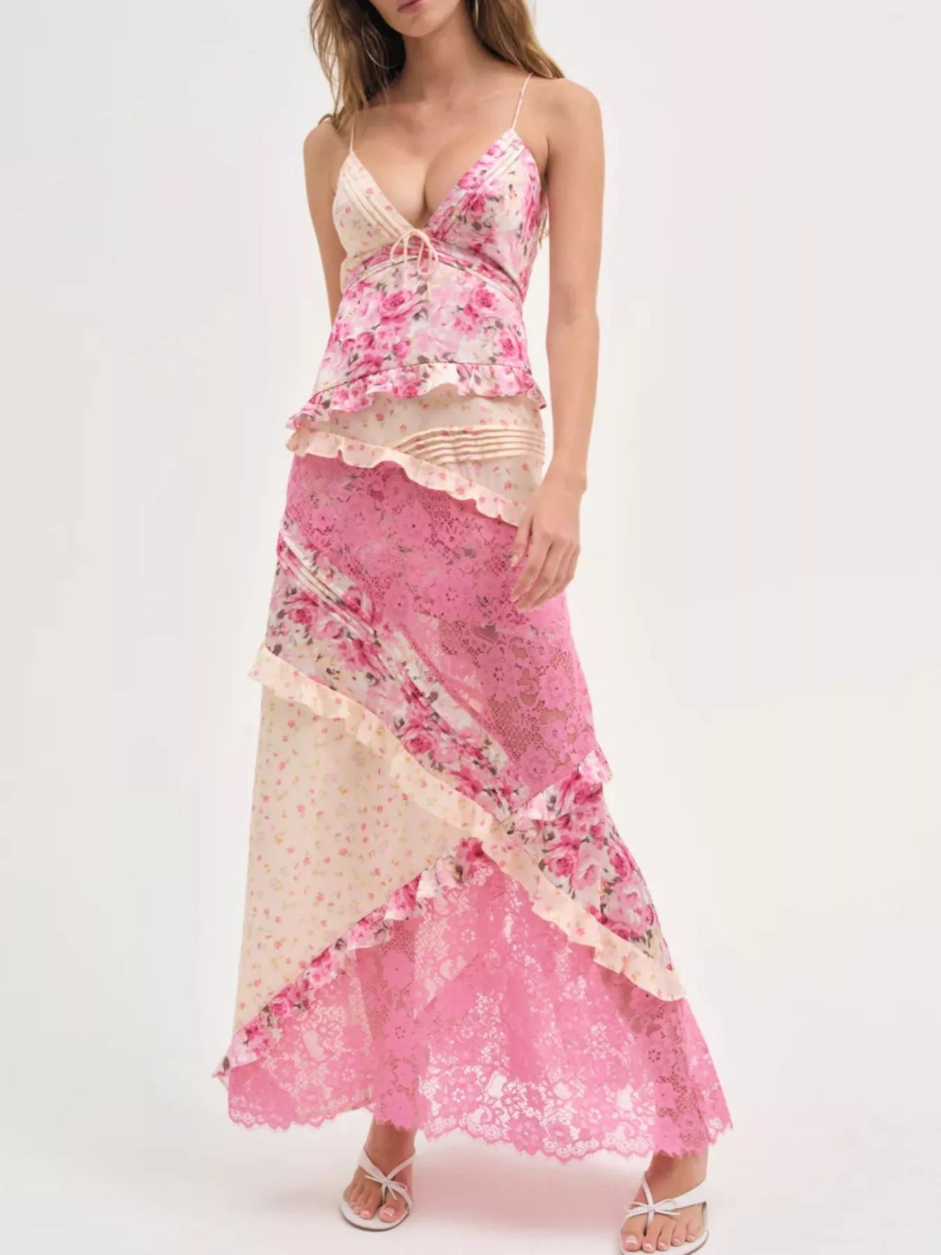 Lace Floral Print Ruffle Trim Maxi Dress