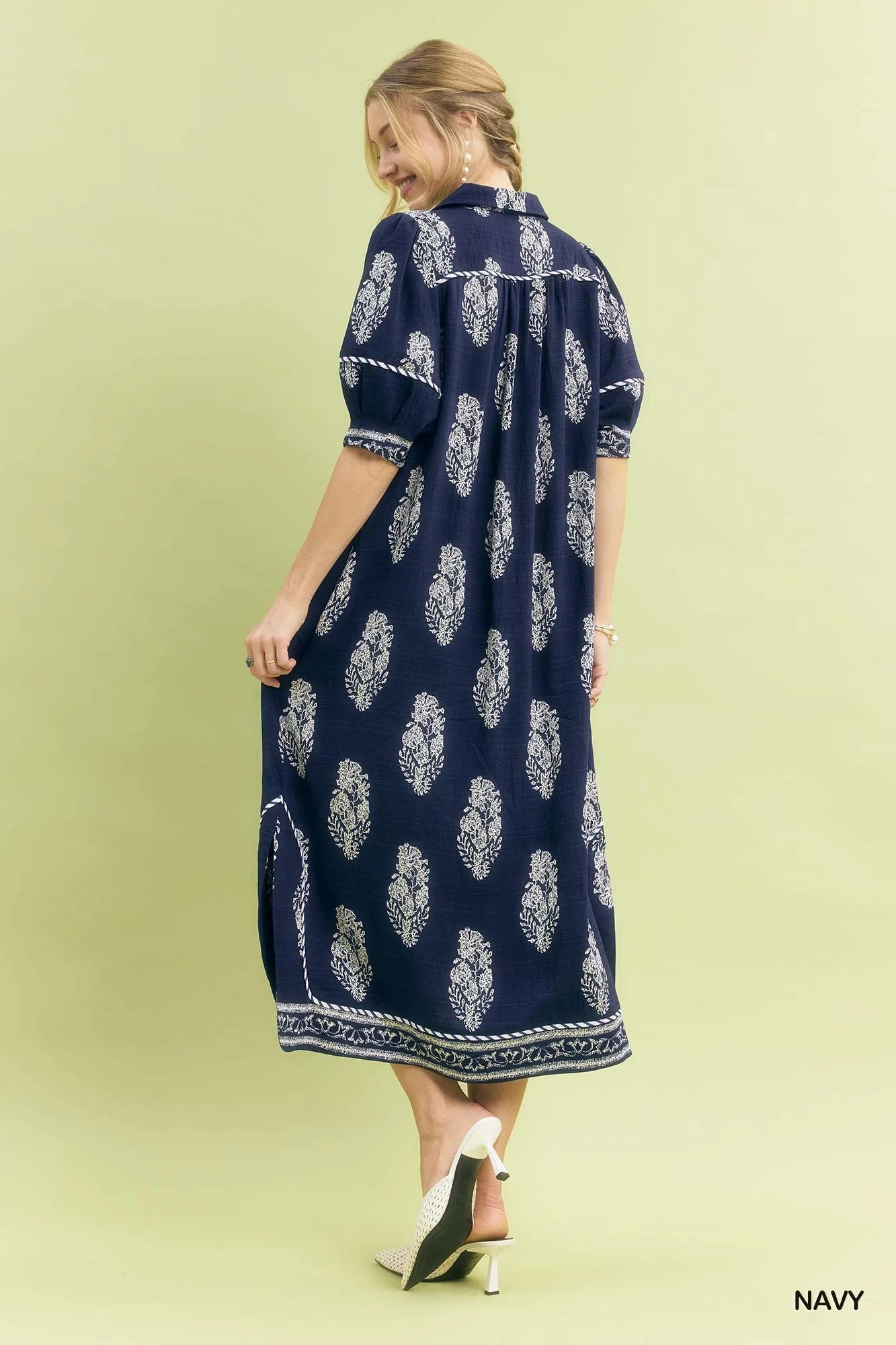 Umgee Border Print Collared Midi Dress