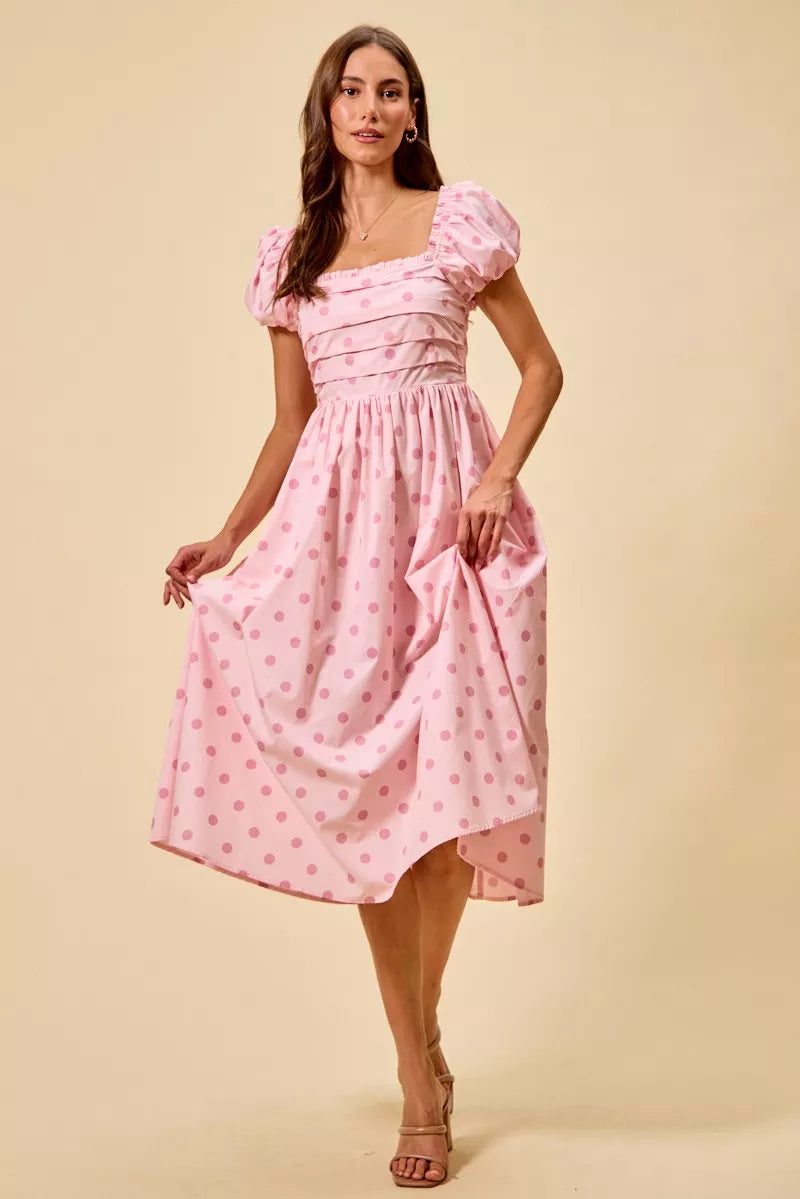 SO ME Polka Cotton Print Short Sleeves Midi Dress