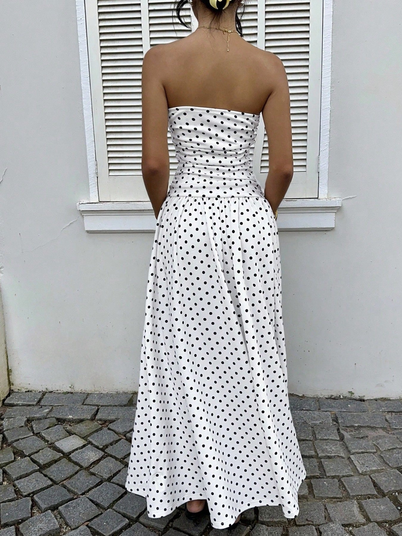 Polka Dot Ruched Strapless Maxi Dress