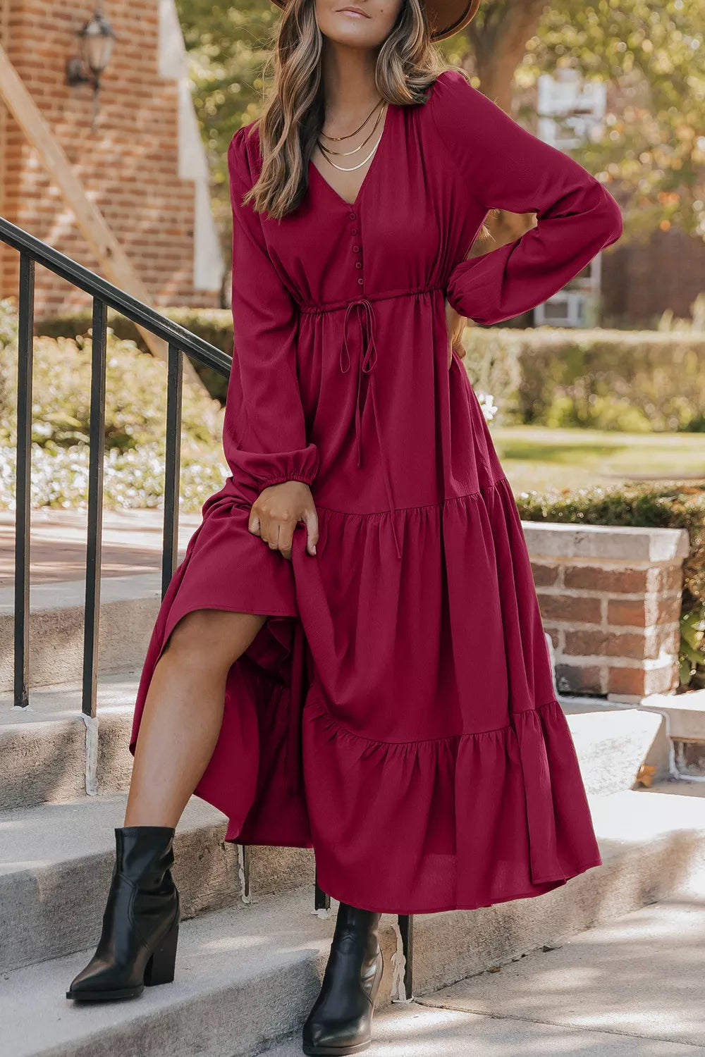 Long Sleeve Button V Neck Tiered Dress