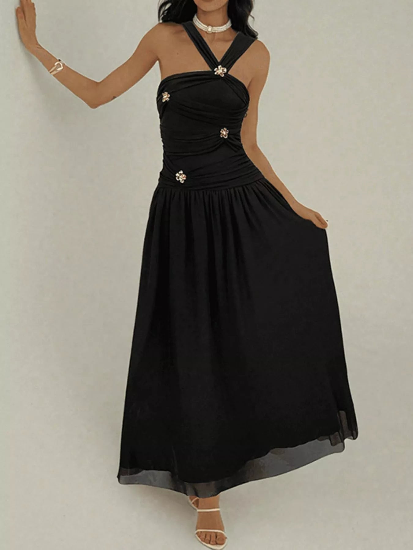 Ruched Sleeveless Maxi Dress with Embellishments