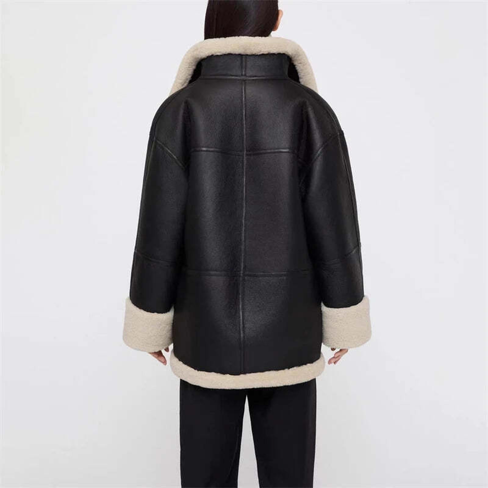 Autumn and winter New women's Cashmere collar composite leather jacket y2k high Quality ComfortableWarm Casual HighCollar Jacket